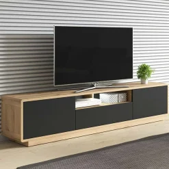 Garnero Arredamenti Mobile porta TV 200x45h cm 2 ante 1 cassetto nero opaco rovere Esmond Clearance