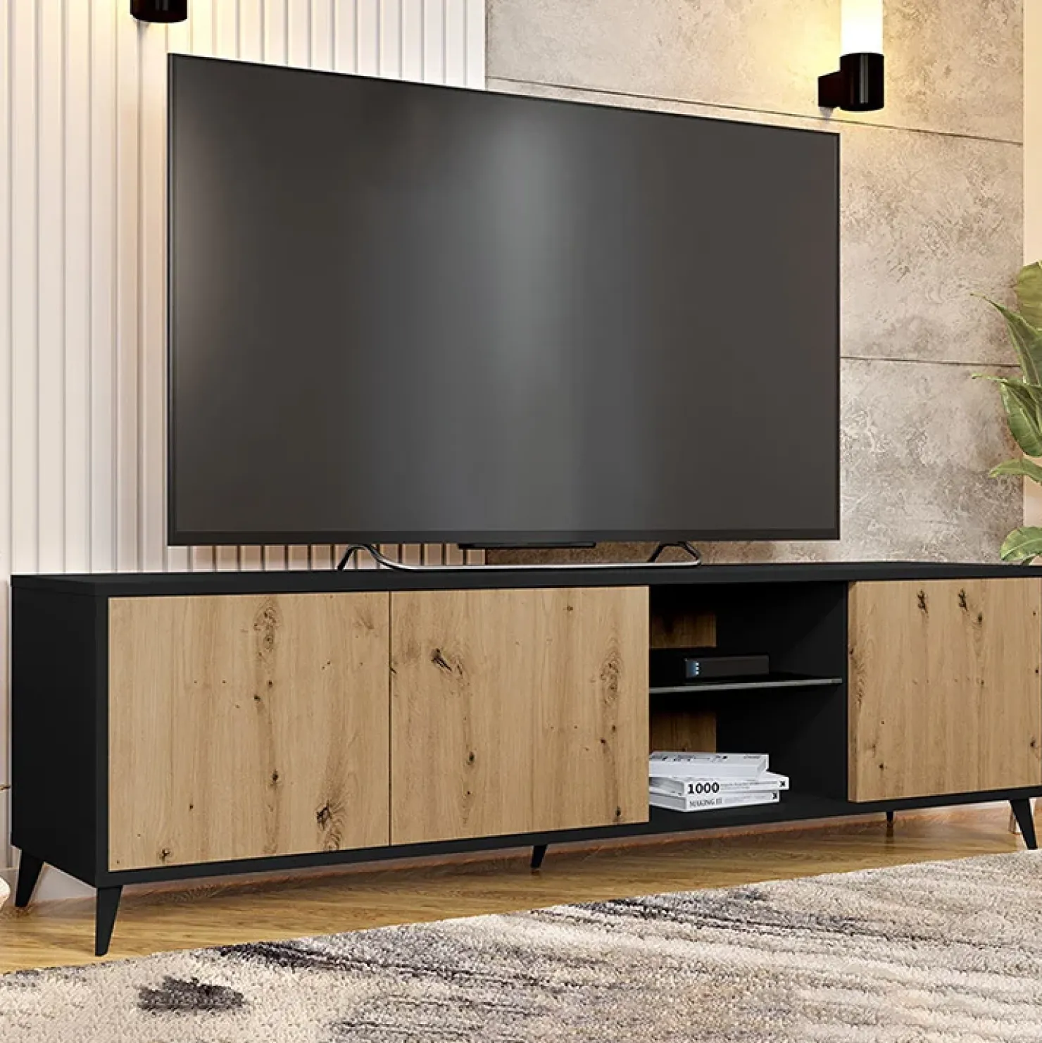 Garnero Arredamenti Mobile porta TV 180x52h cm 3 ante 2 vani a giorno rovere nero Hans New