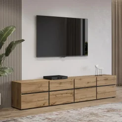 Garnero Arredamenti Mobile porta TV 225x48h cm 4 ante a ribalta 4 cassetti moderno nero Lolla Rovere Online