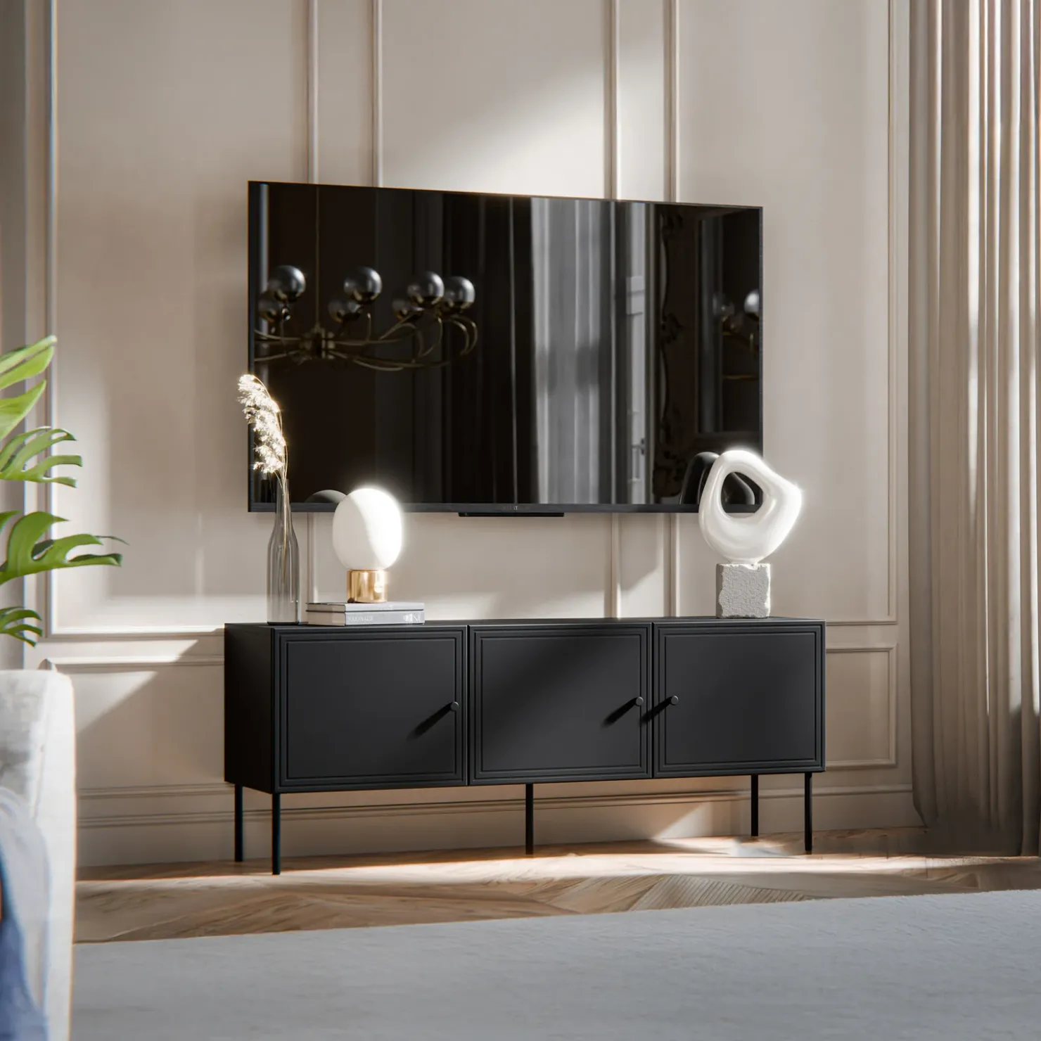 Garnero Arredamenti Mobile porta TV 151x60h cm 3 ante Stark Nero Opaco Outlet