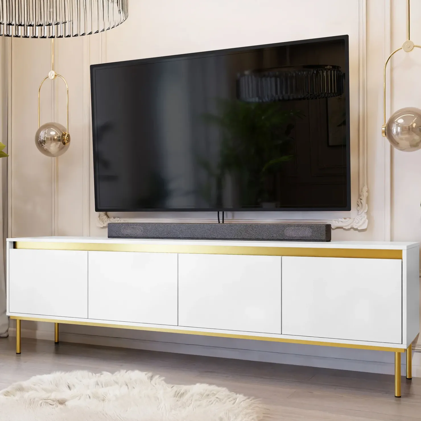 Garnero Arredamenti Mobile porta TV 200x60h cm 4 ante bianco oro Praga Discount