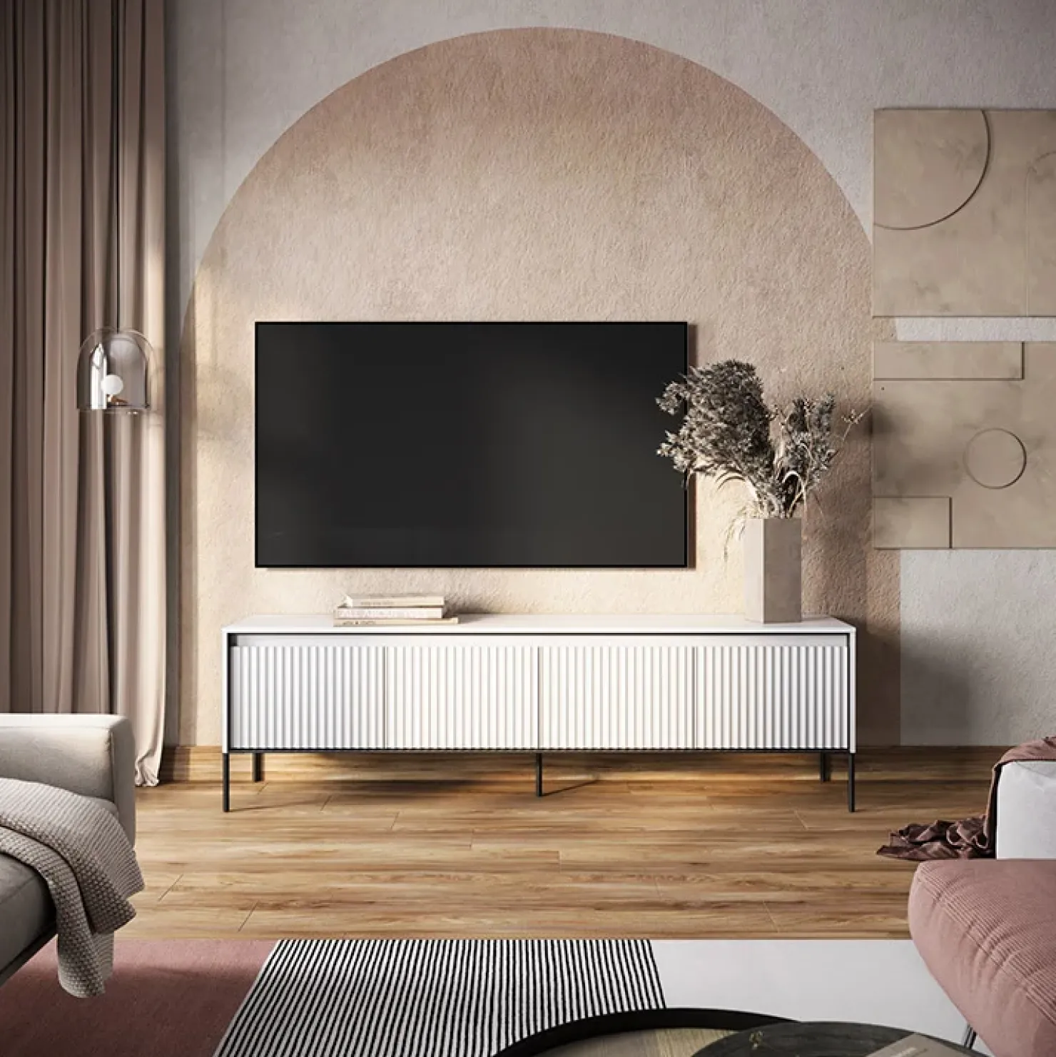 Garnero Arredamenti Mobile porta TV 193x56h cm 4 ante led cannettato nero Camelia Bianco Opaco Online