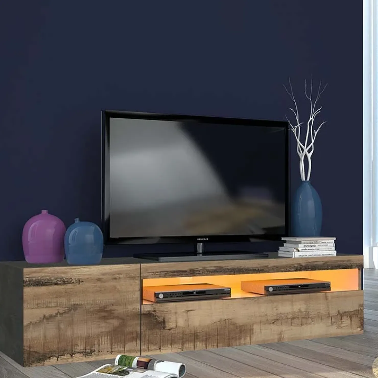 Garnero Arredamenti Mobile porta TV 155x37h cm 1 anta ardesia acero Light Small Gihome® Rovere - Antracite New