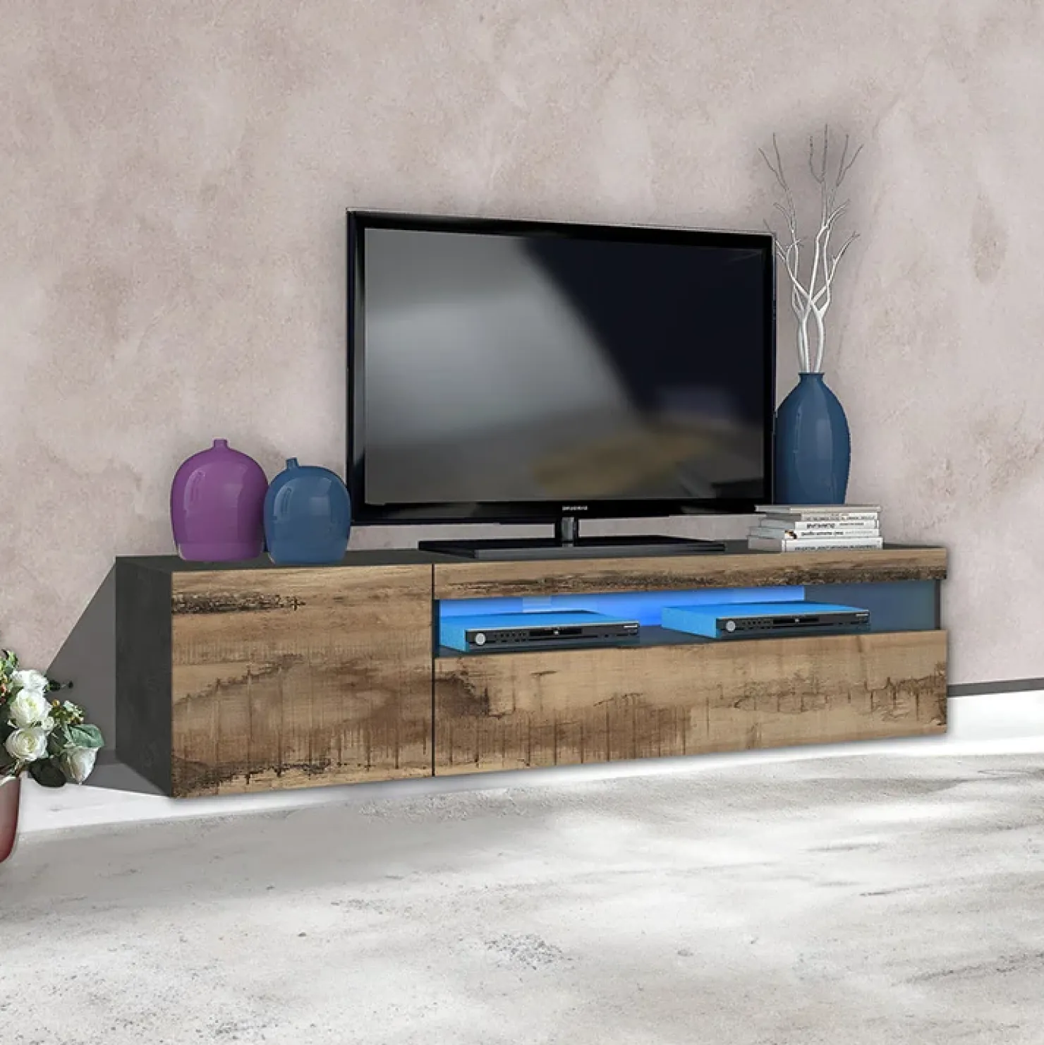Garnero Arredamenti Mobile porta TV 155x37h cm 1 anta ardesia acero Light Small Gihome® Rovere - Antracite New