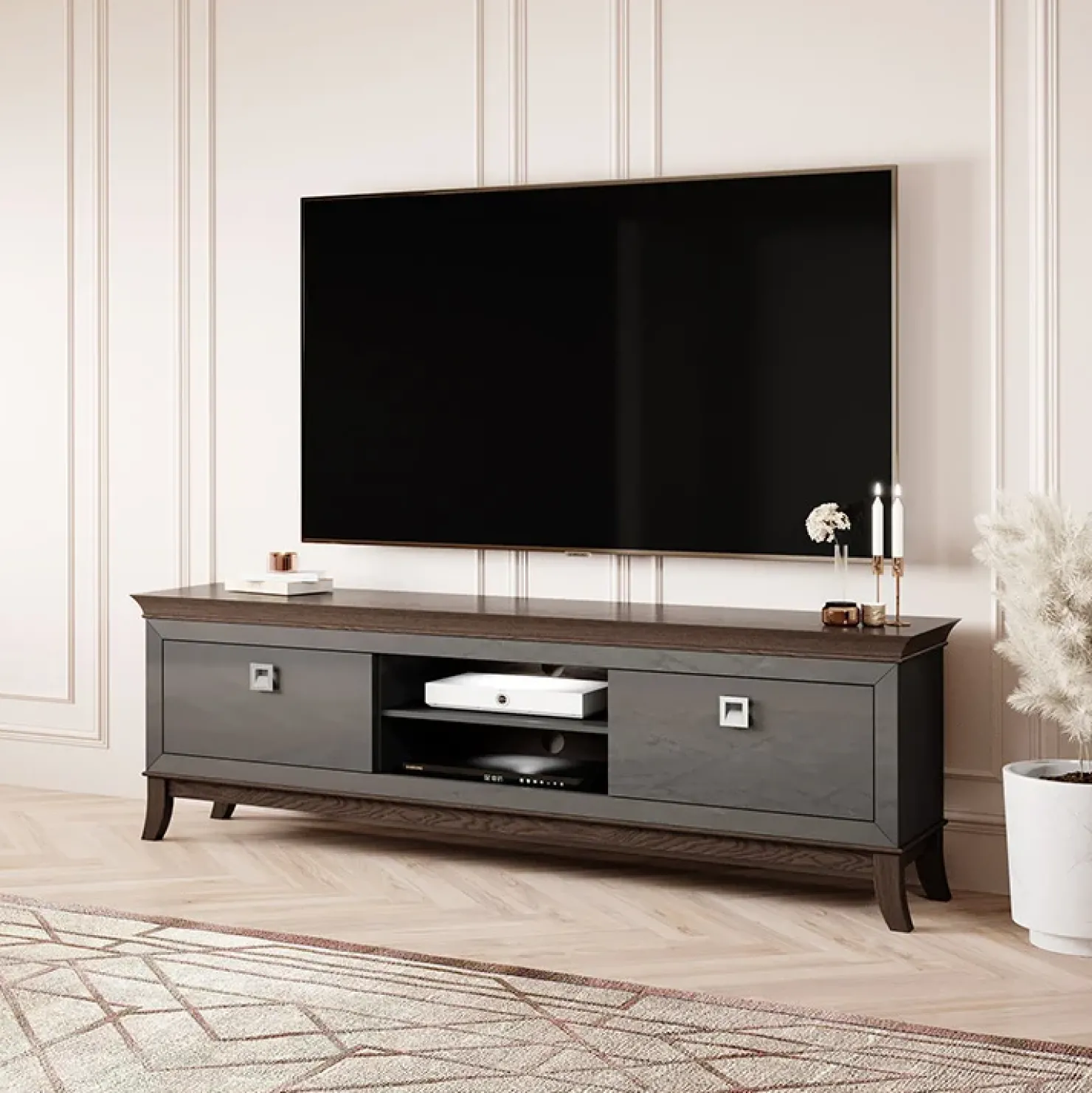 Garnero Arredamenti Mobile porta TV 196x63h cm 2 cassetti antracite lucido rovere scuro Umag Antracite - Wengè