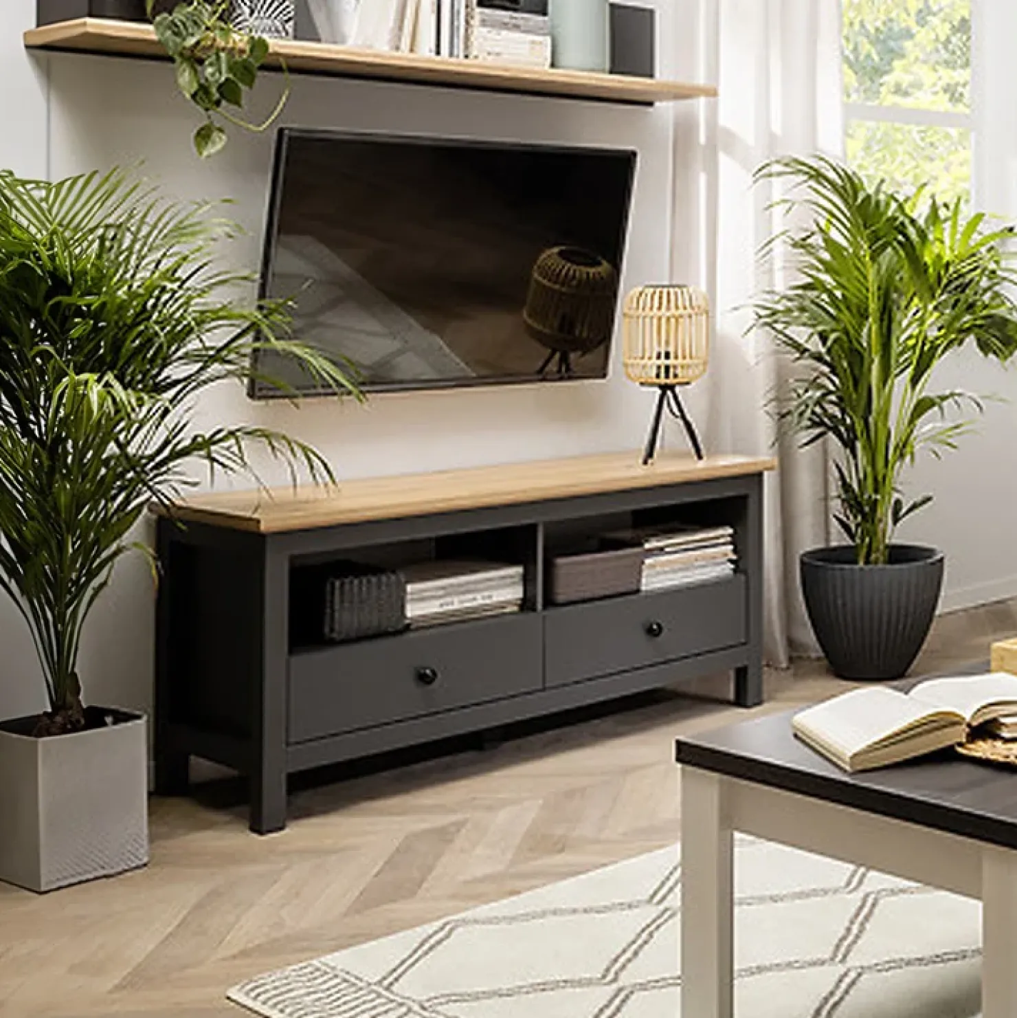 Garnero Arredamenti Mobile porta TV 137x59h cm 2 cassetti nero grafite rovere chiaro Holga Grafite - Rovere New