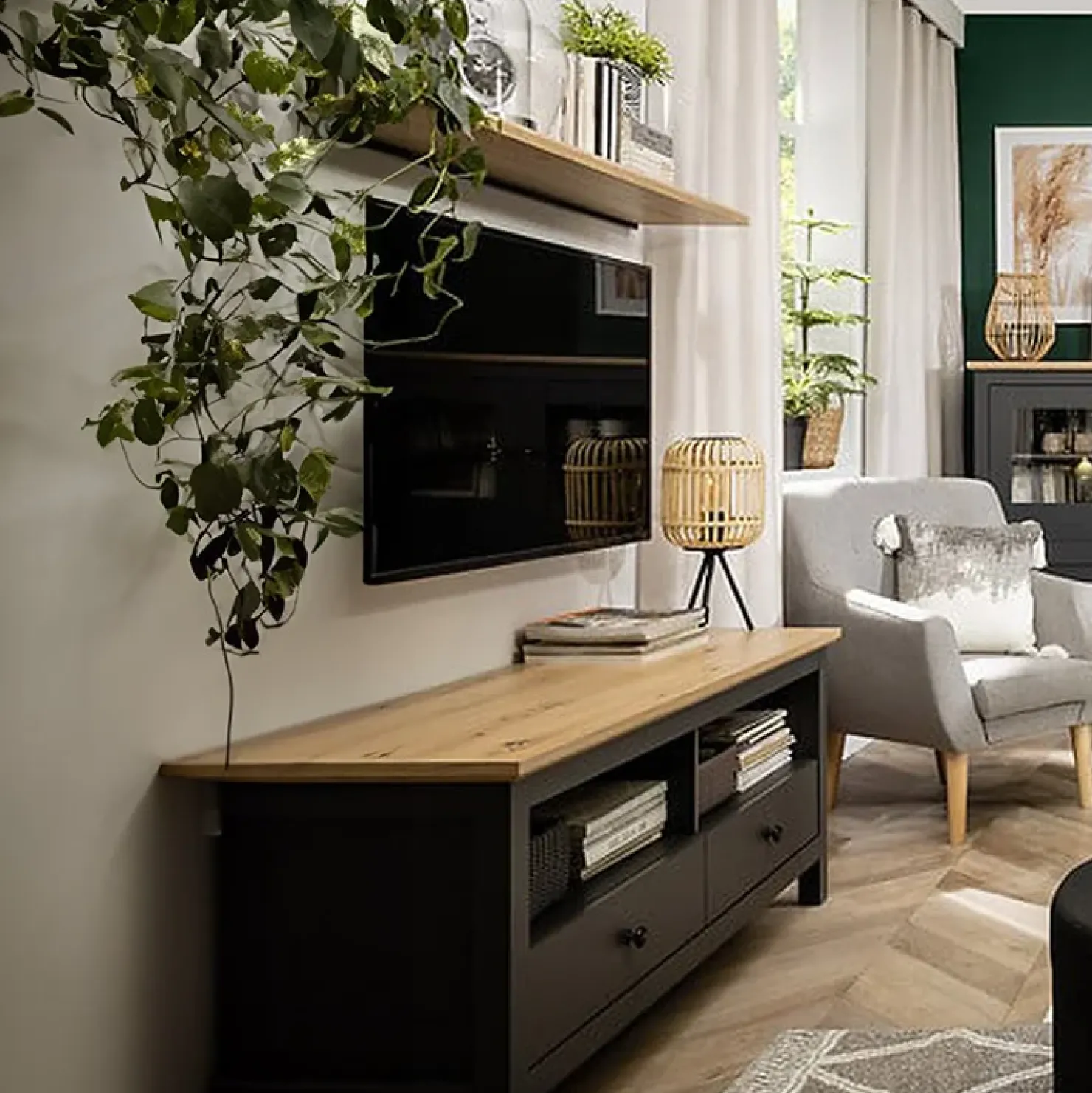 Garnero Arredamenti Mobile porta TV 137x59h cm 2 cassetti nero grafite rovere chiaro Holga Grafite - Rovere New