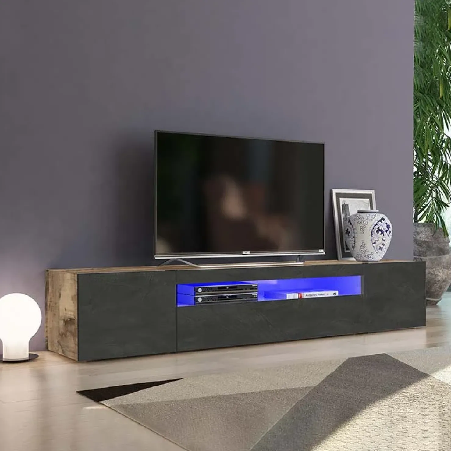 Garnero Arredamenti Mobile porta TV 200x37h cm antracite pero Light Big Gihome® Antracite - Rovere Rustico