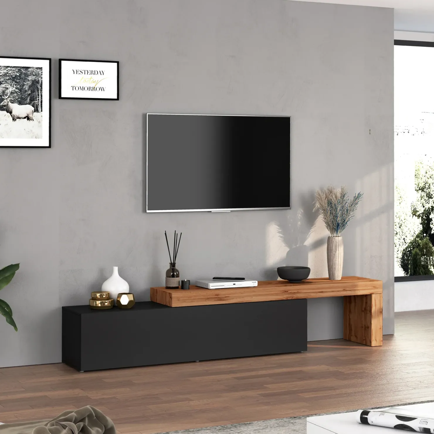 Garnero Arredamenti Mobile porta tv 230x51h cm antracite rovere Block Antracite - Rovere Discount