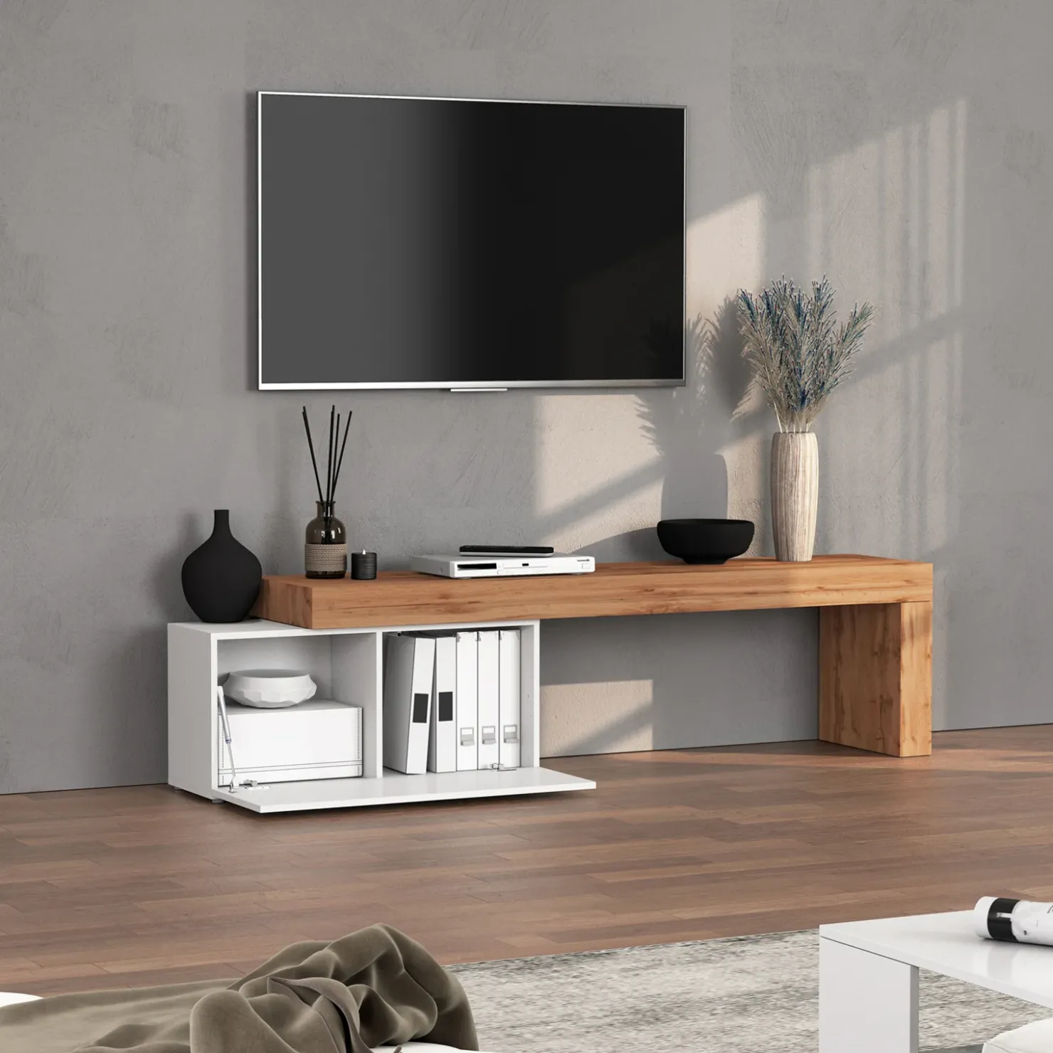 Garnero Arredamenti Mobile porta tv 210x51h cm bianco lucido rovere Block Bianco Lucido - Rovere Discount