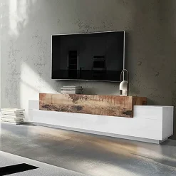 Garnero Arredamenti Mobile porta TV 240x52h cm bianco laccato lucido pero Milos Gihome® Bianco Lucido - Rovere Rustico Sale