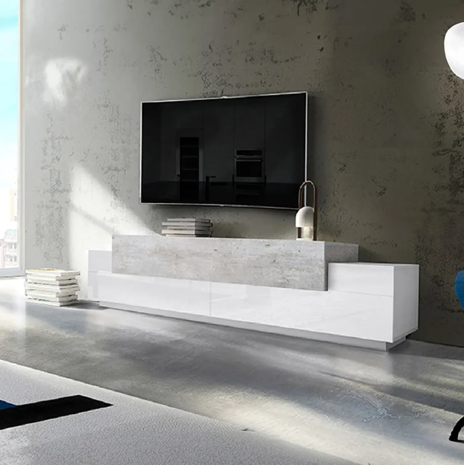 Garnero Arredamenti Mobile porta TV 240x52h cm bianco lucido cemento Milos Gihome® Bianco Lucido - Cemento Discount