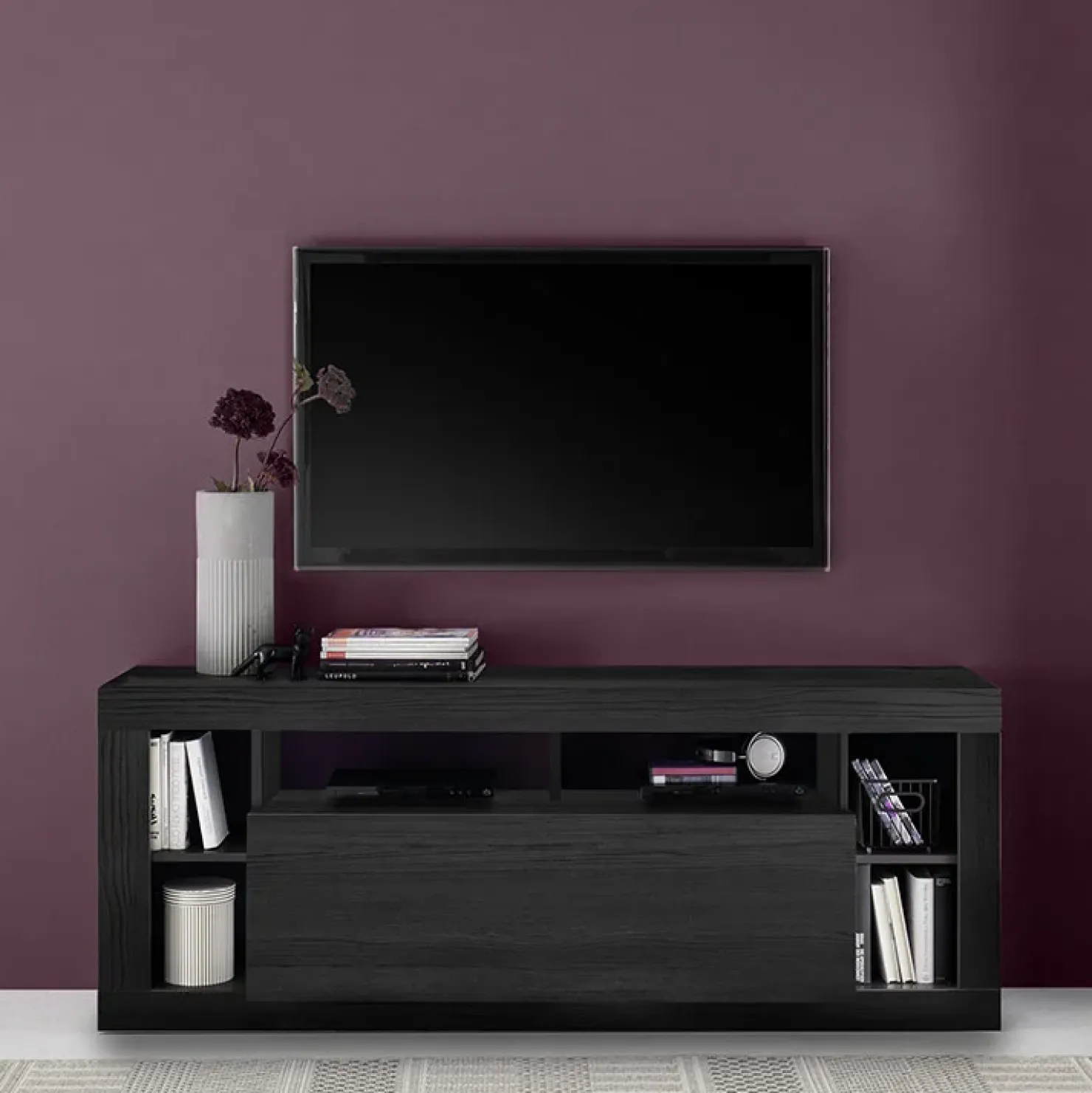 Garnero Arredamenti Mobile porta TV 172x66h cm con ribalta Trilogy Nero Frassinato Clearance