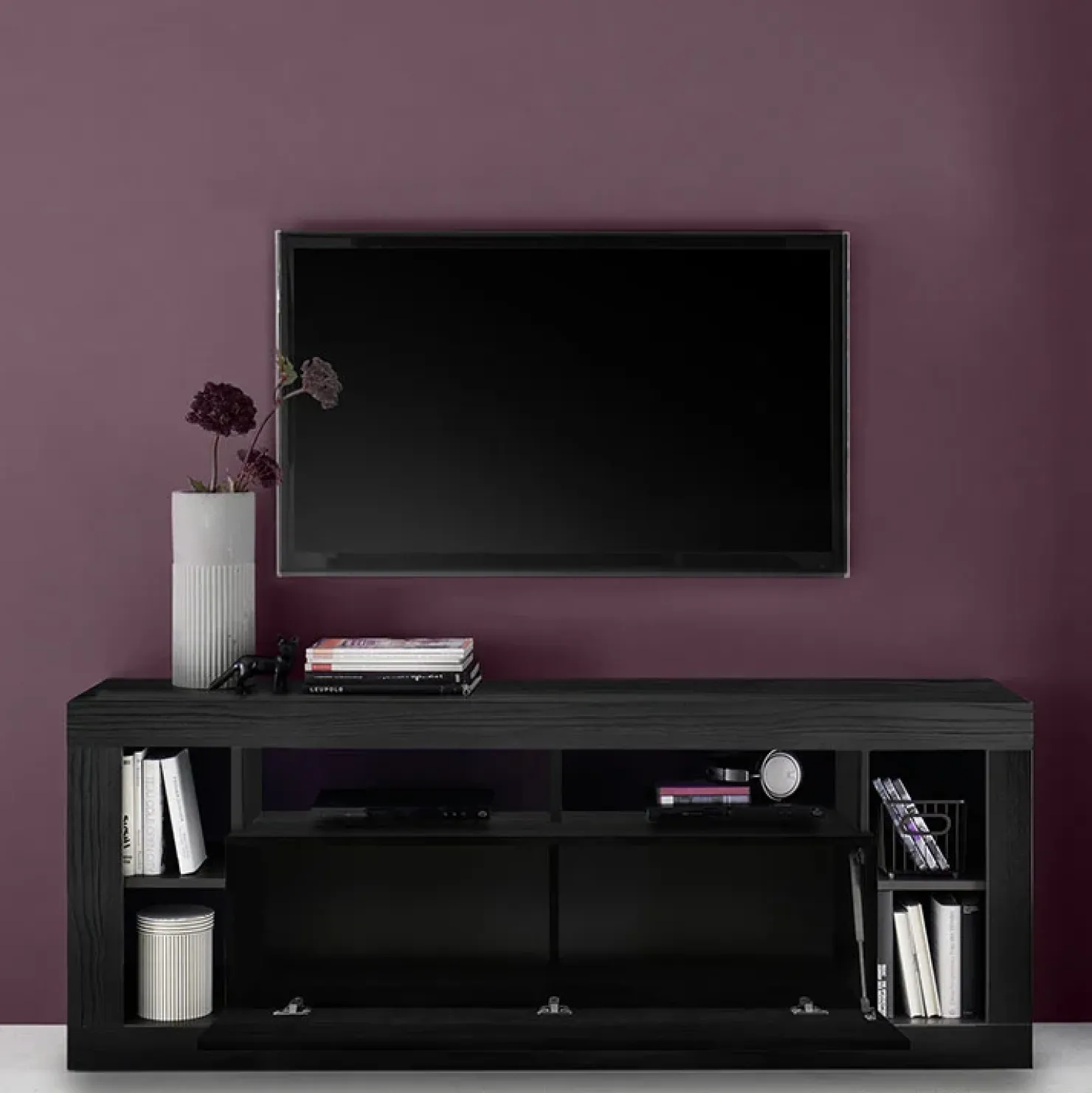 Garnero Arredamenti Mobile porta TV 172x66h cm con ribalta Trilogy Nero Frassinato Clearance