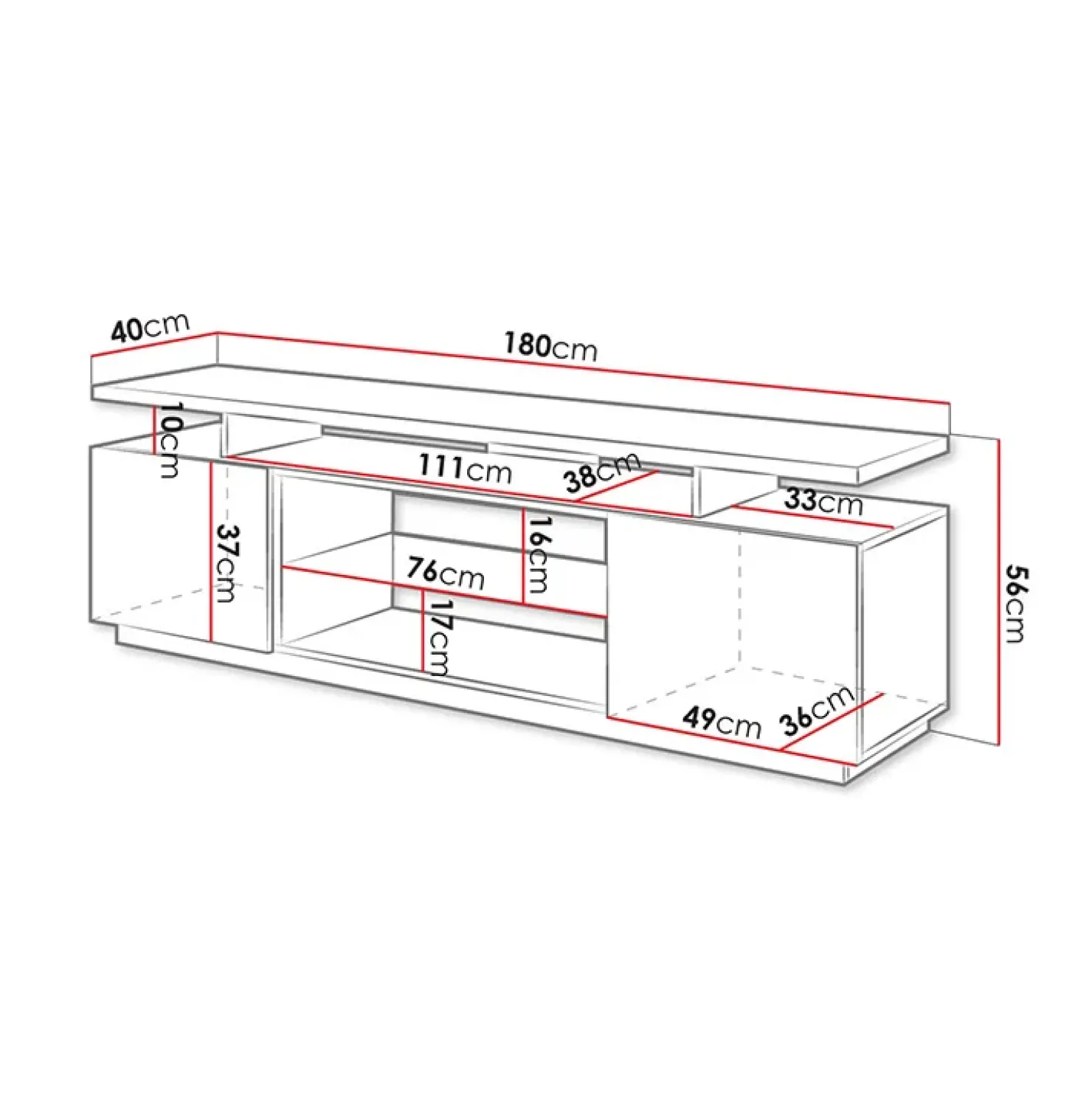 Garnero Arredamenti Mobile porta TV 180x56h cm con led lucido Blackburn Grafite