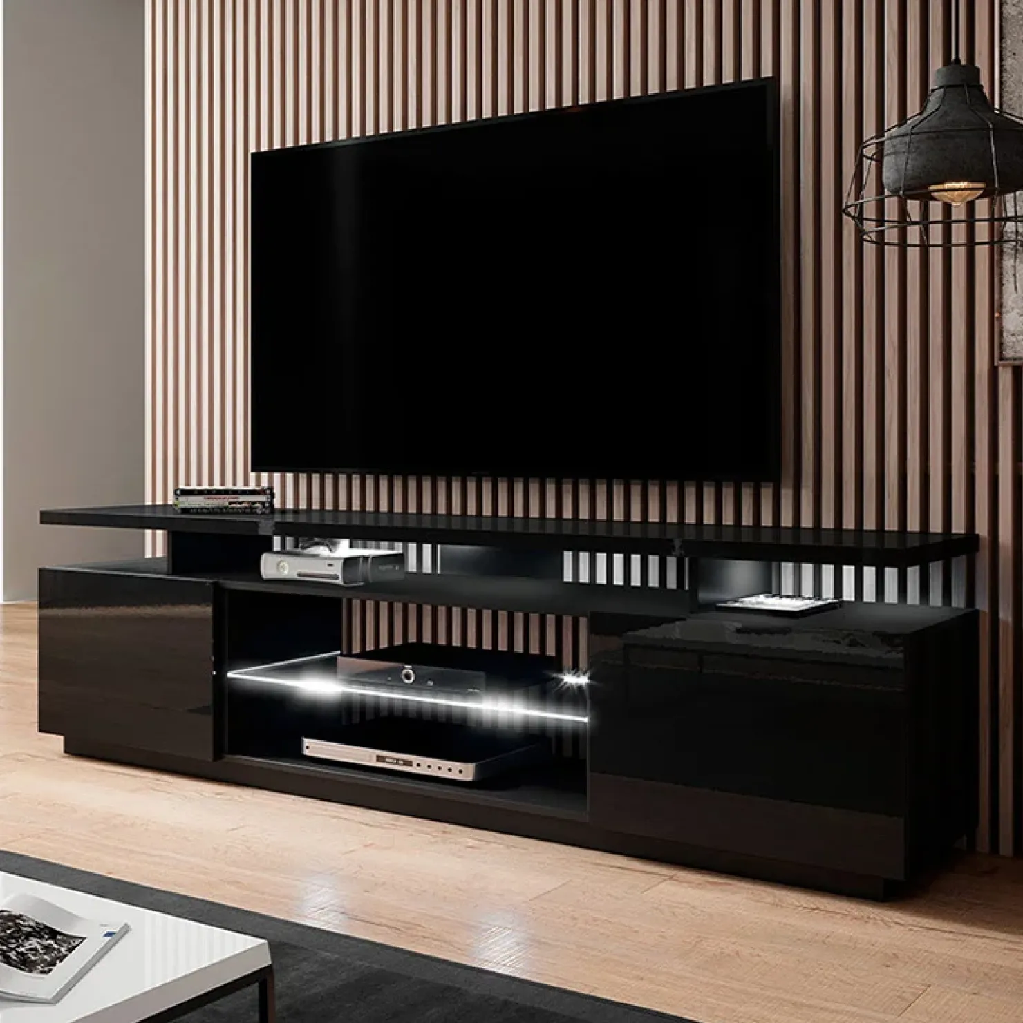 Garnero Arredamenti Mobile porta TV 180x56h cm con led Blackburn Nero Lucido New