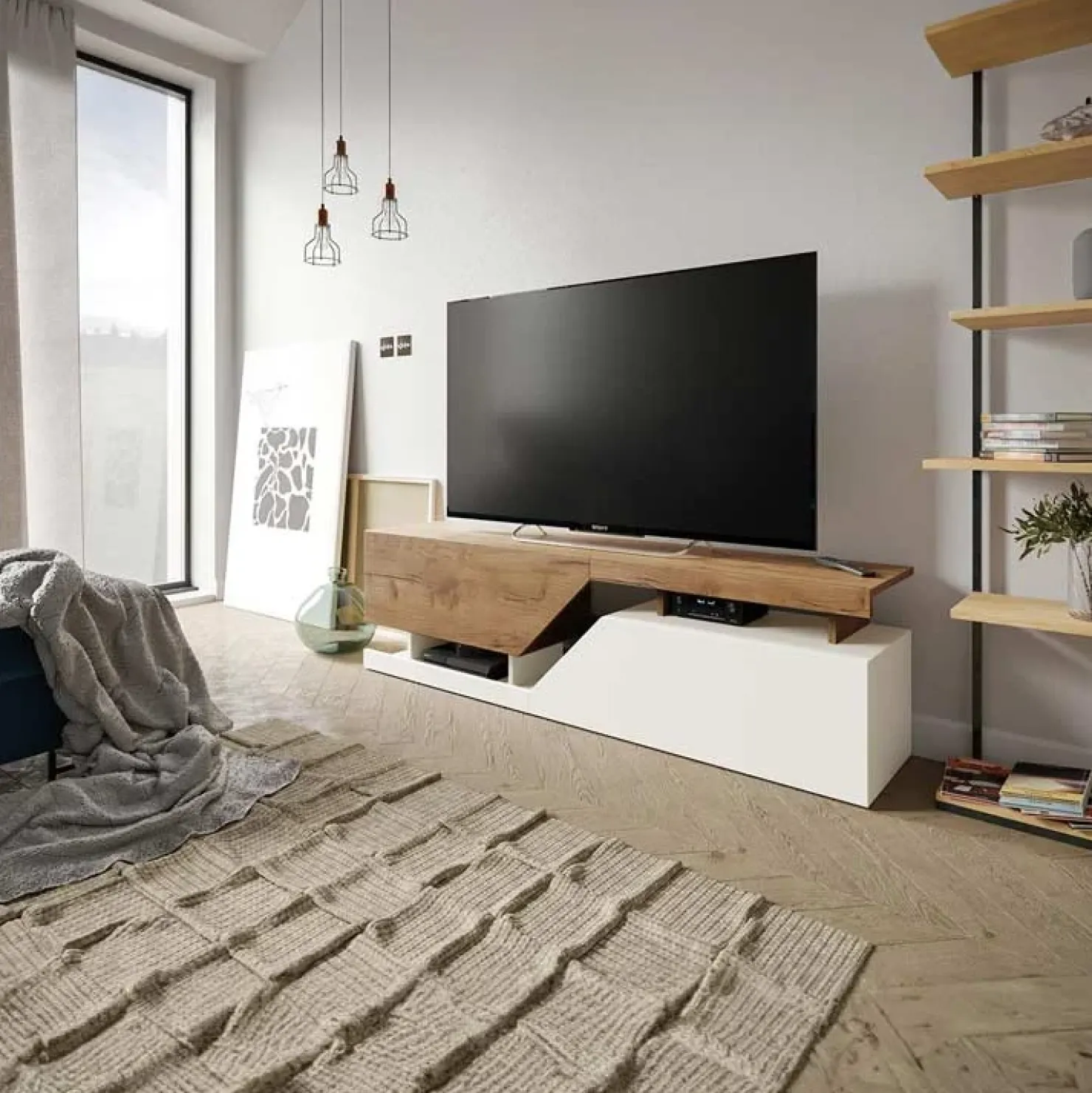 Garnero Arredamenti Mobile porta TV 160x46h cm design moderno rovere bianco Modesta Bianco Opaco - Rovere