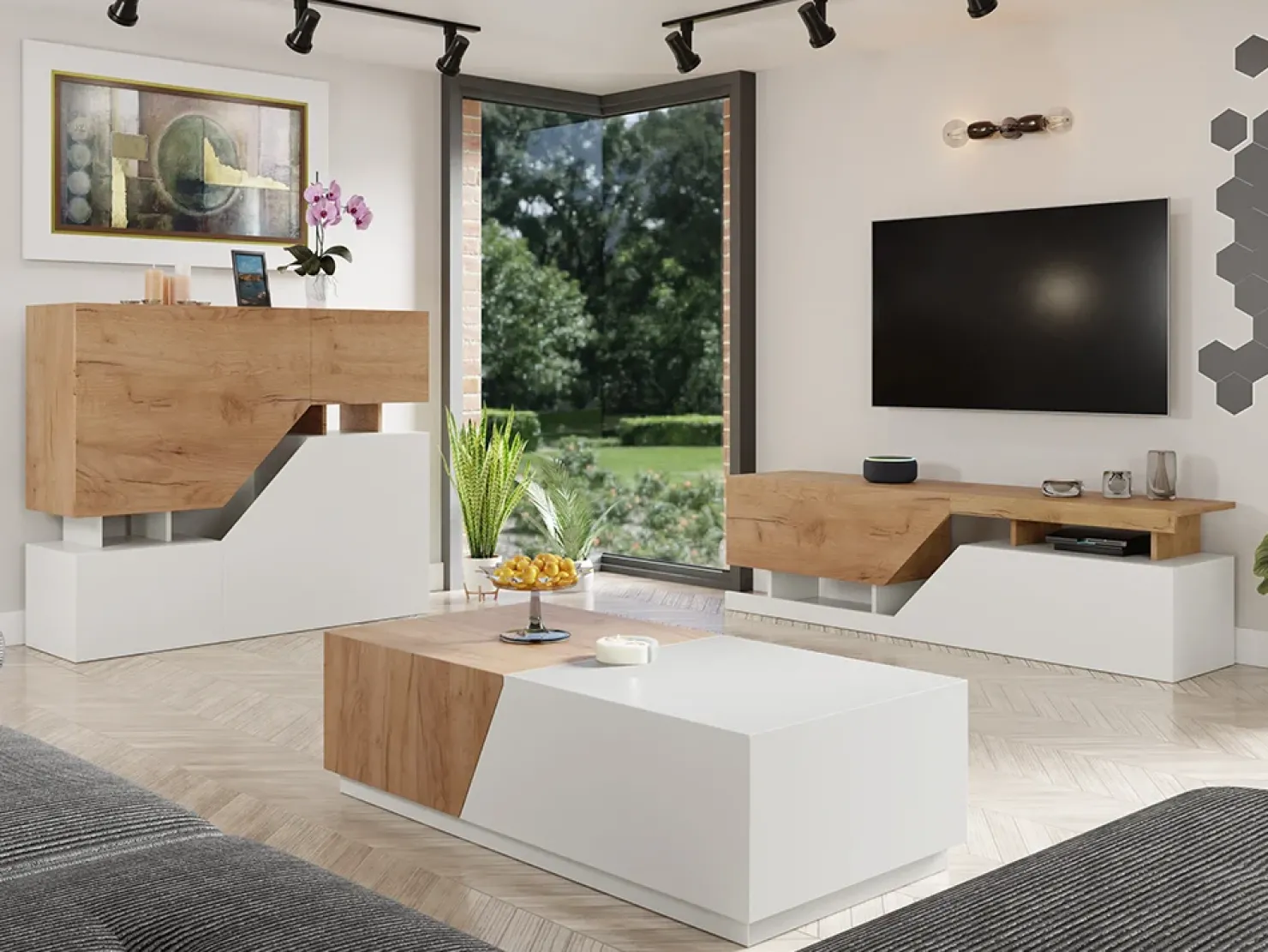 Garnero Arredamenti Mobile porta TV 160x46h cm design moderno rovere bianco Modesta Bianco Opaco - Rovere