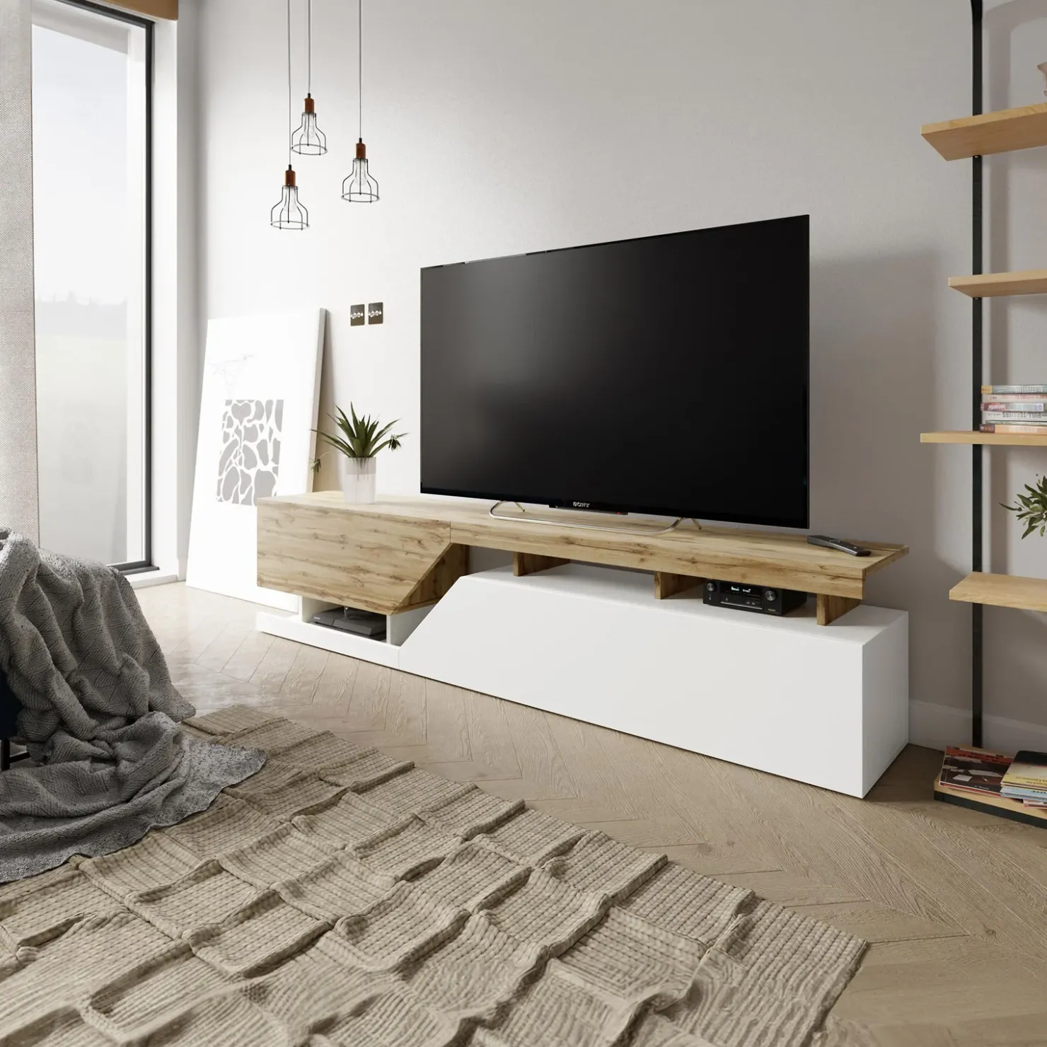 Garnero Arredamenti Mobile porta TV 200x47h cm design moderno rovere bianco Modesta Bianco Opaco - Rovere Best