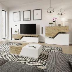 Garnero Arredamenti Mobile porta TV 200x47h cm design moderno rovere bianco Modesta Bianco Opaco - Rovere Best