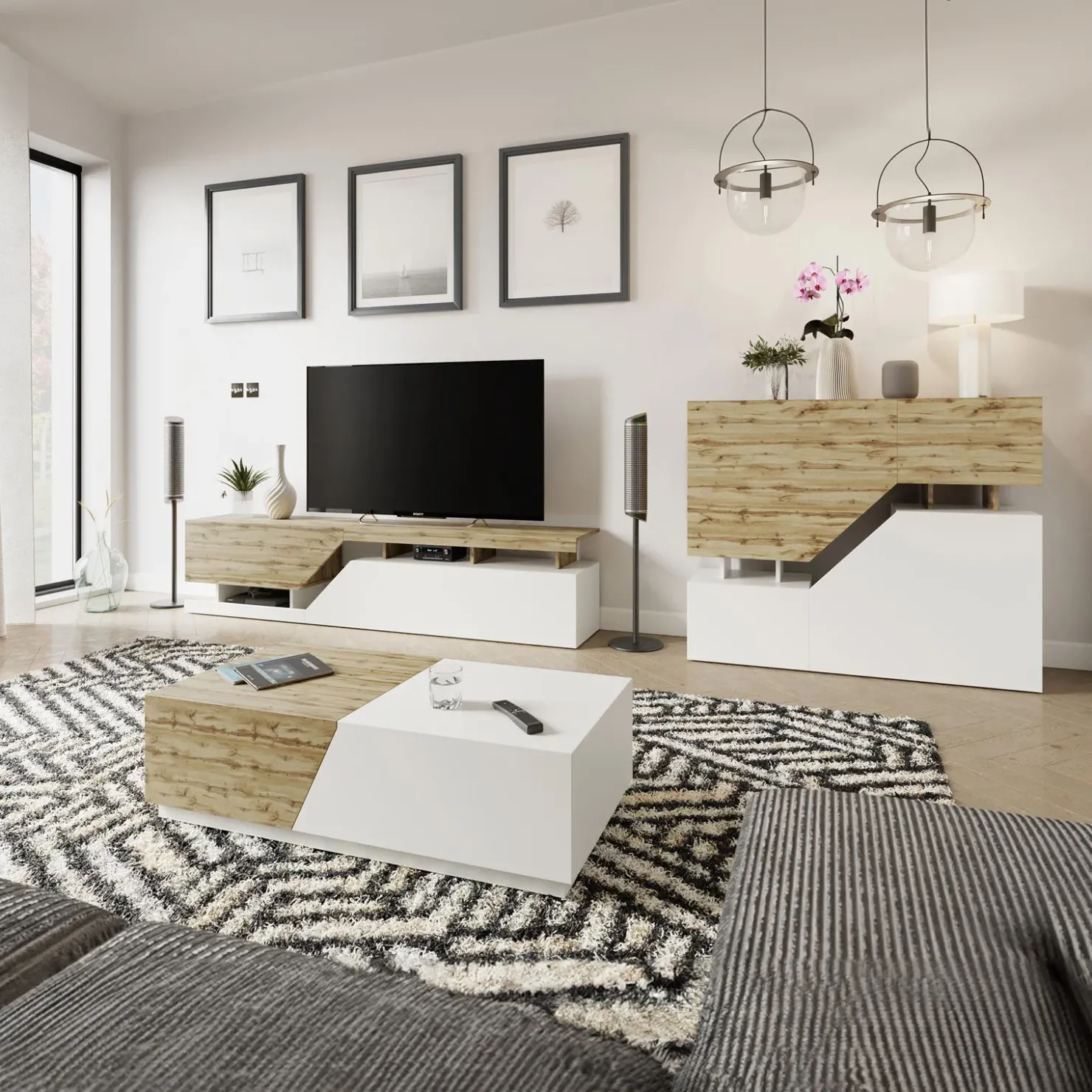 Garnero Arredamenti Mobile porta TV 200x47h cm design moderno rovere bianco Modesta Bianco Opaco - Rovere Best