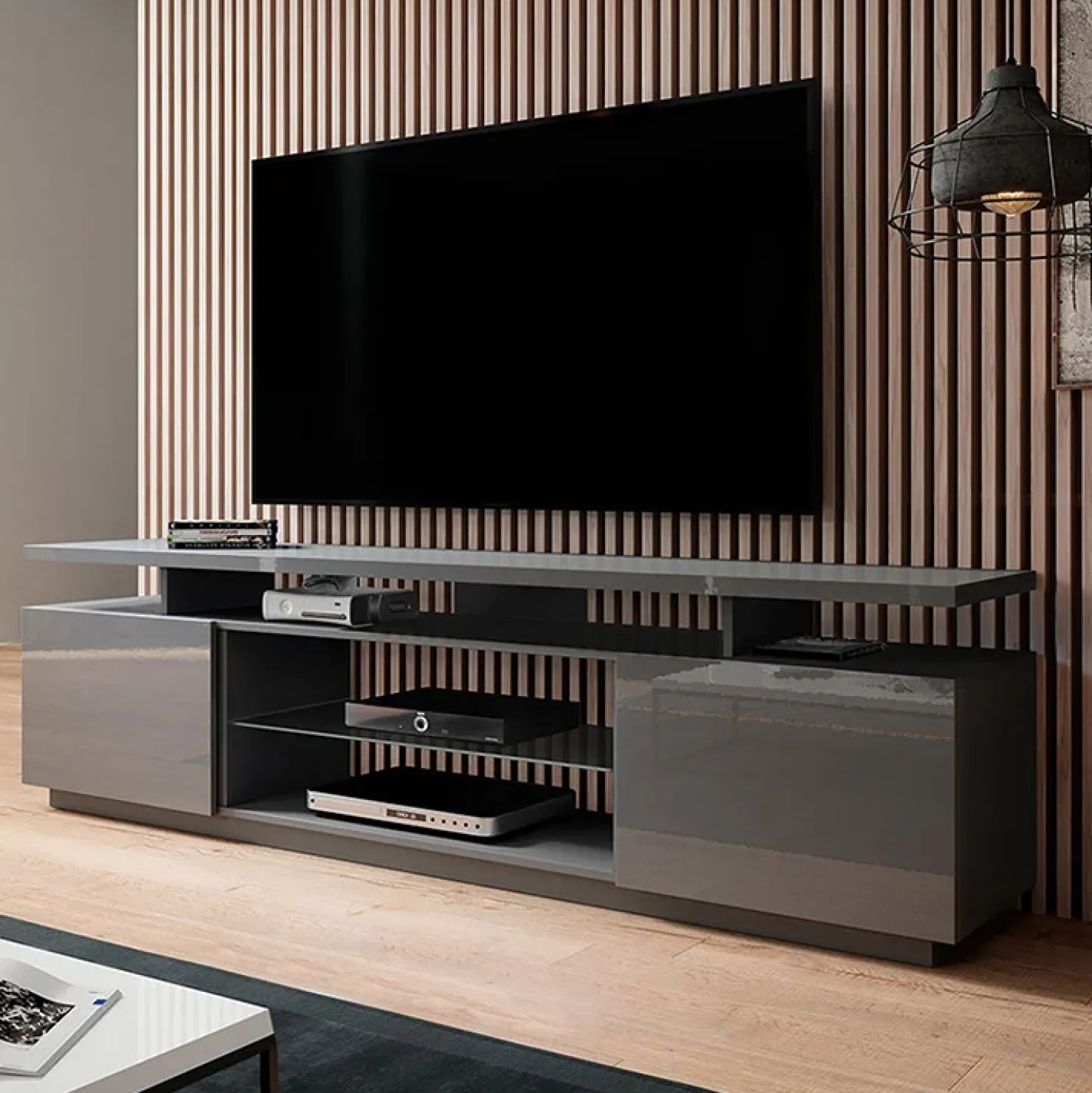 Garnero Arredamenti Mobile porta TV 180x56h cm lucido Blackburn Grafite Outlet