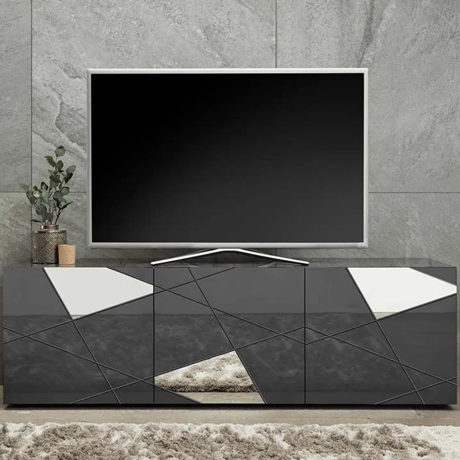 Garnero Arredamenti Mobile porta TV 181x57h cm grigio lucido specchio con serigrafia Olimpo Antracite Sale