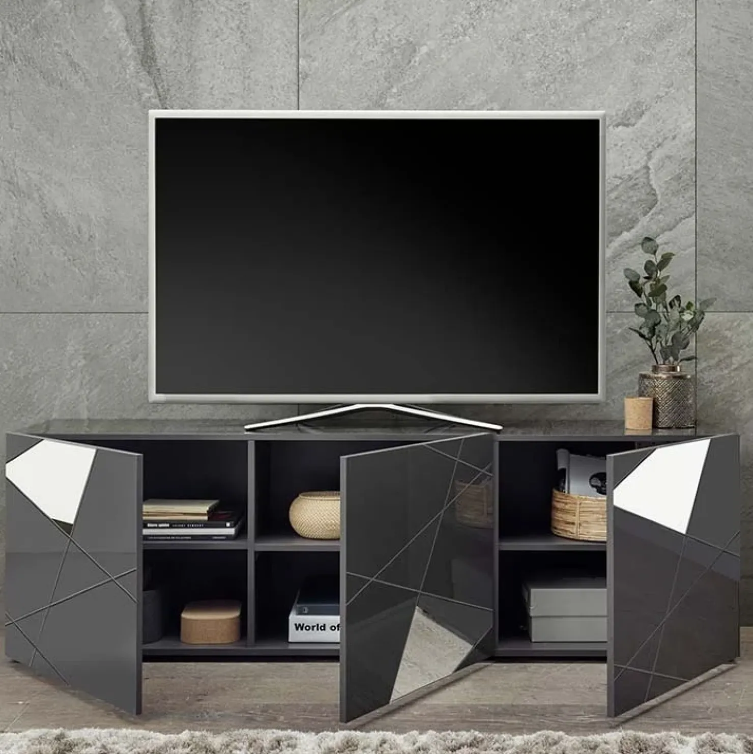 Garnero Arredamenti Mobile porta TV 181x57h cm grigio lucido specchio con serigrafia Olimpo Antracite Sale