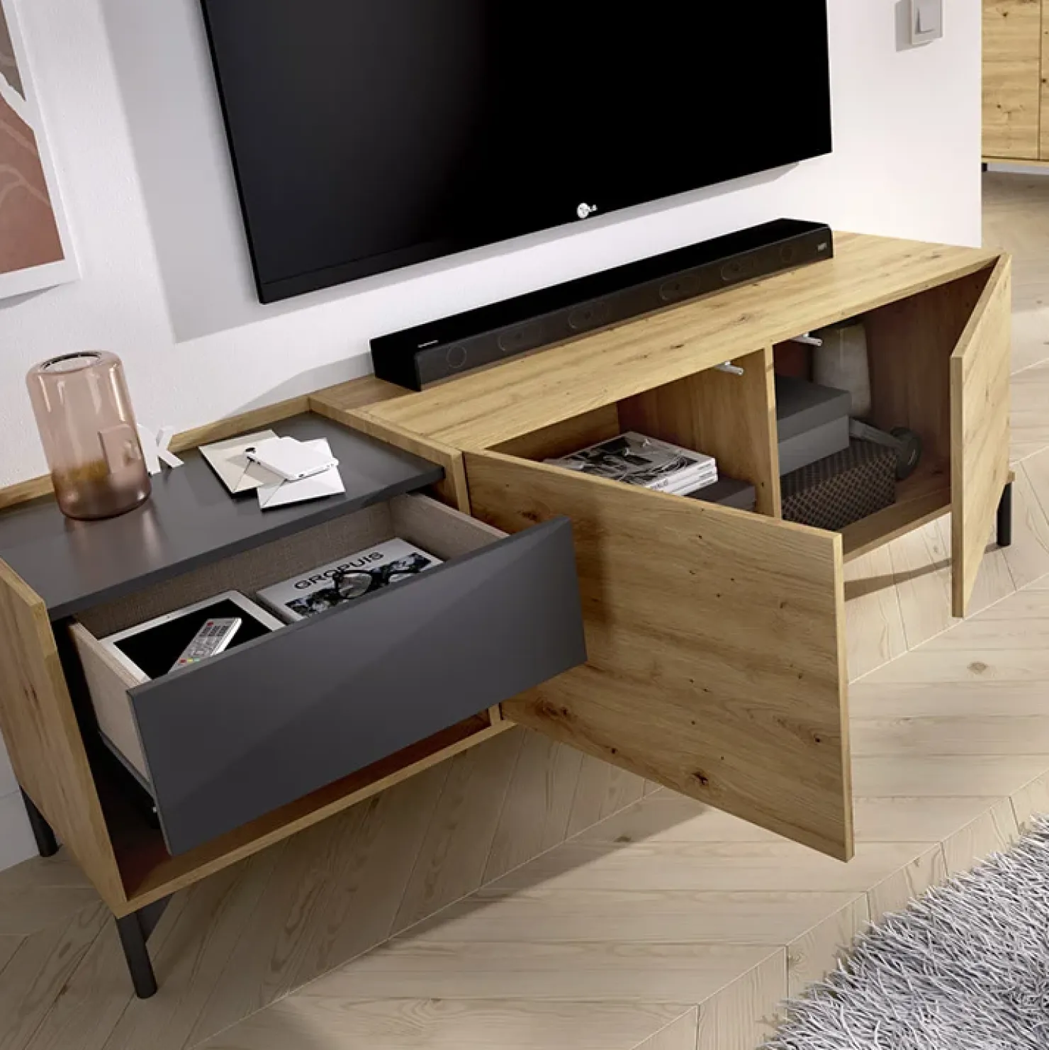 Garnero Arredamenti Mobile porta TV 164x49h cm legno rovere grafite German Outlet