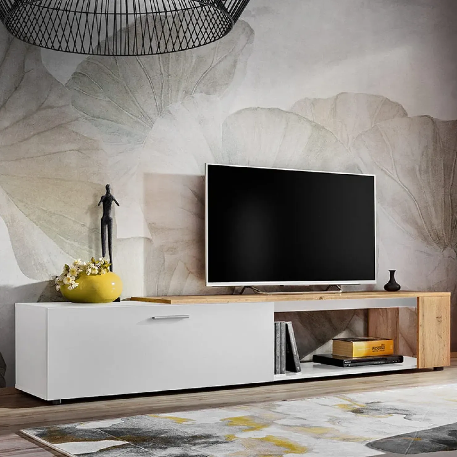 Garnero Arredamenti Mobile porta TV 200x39h cm moderno bianco opaco rovere Caravaggio Bianco Opaco - Rovere Rustico Best