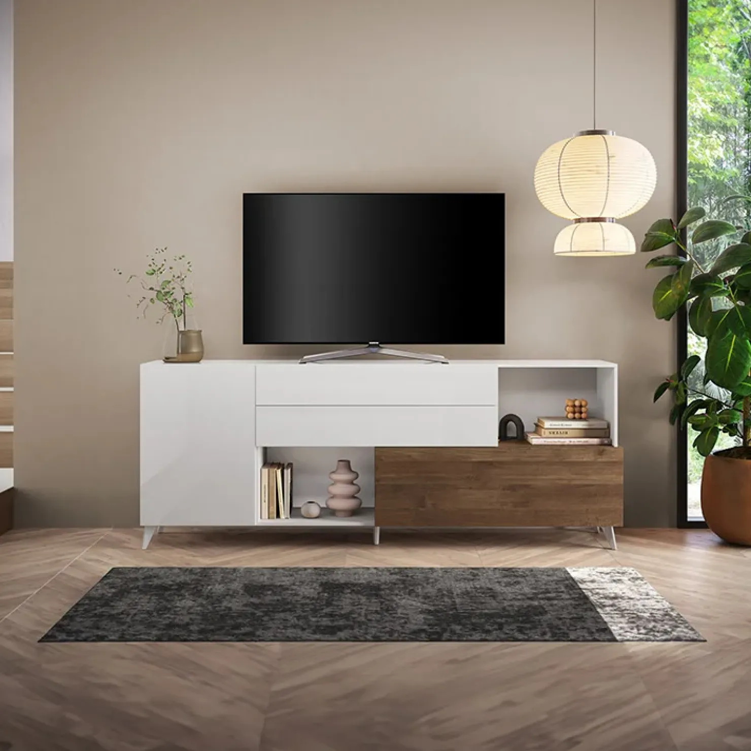 Garnero Arredamenti Mobile porta tv 241x94h cm moderna bianco lucido rovere scuro Witty Noce - Bianco Lucido Clearance