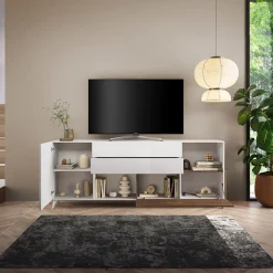 Garnero Arredamenti Mobile porta tv 241x94h cm moderna bianco lucido rovere scuro Witty Noce - Bianco Lucido Clearance