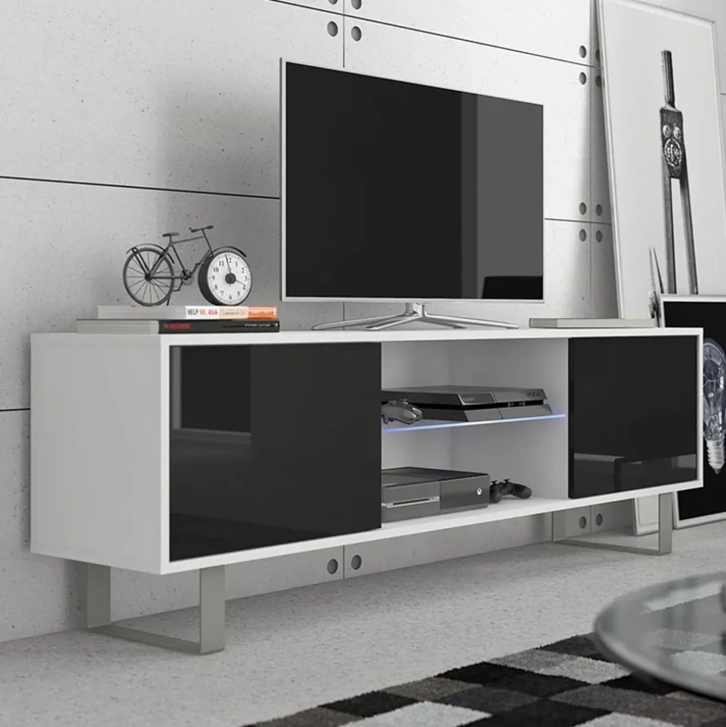 Garnero Arredamenti Mobile porta TV 160x53h cm moderno bianco opaco nero lucido Kelli Bianco Opaco - Nero Lucido Discount