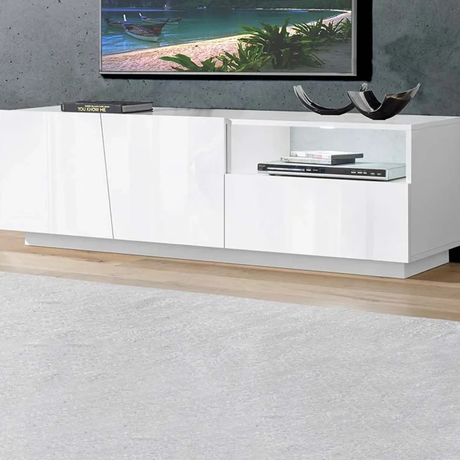 Garnero Arredamenti Mobile porta TV 150x46h cm moderno Candia Gihome® Bianco Lucido
