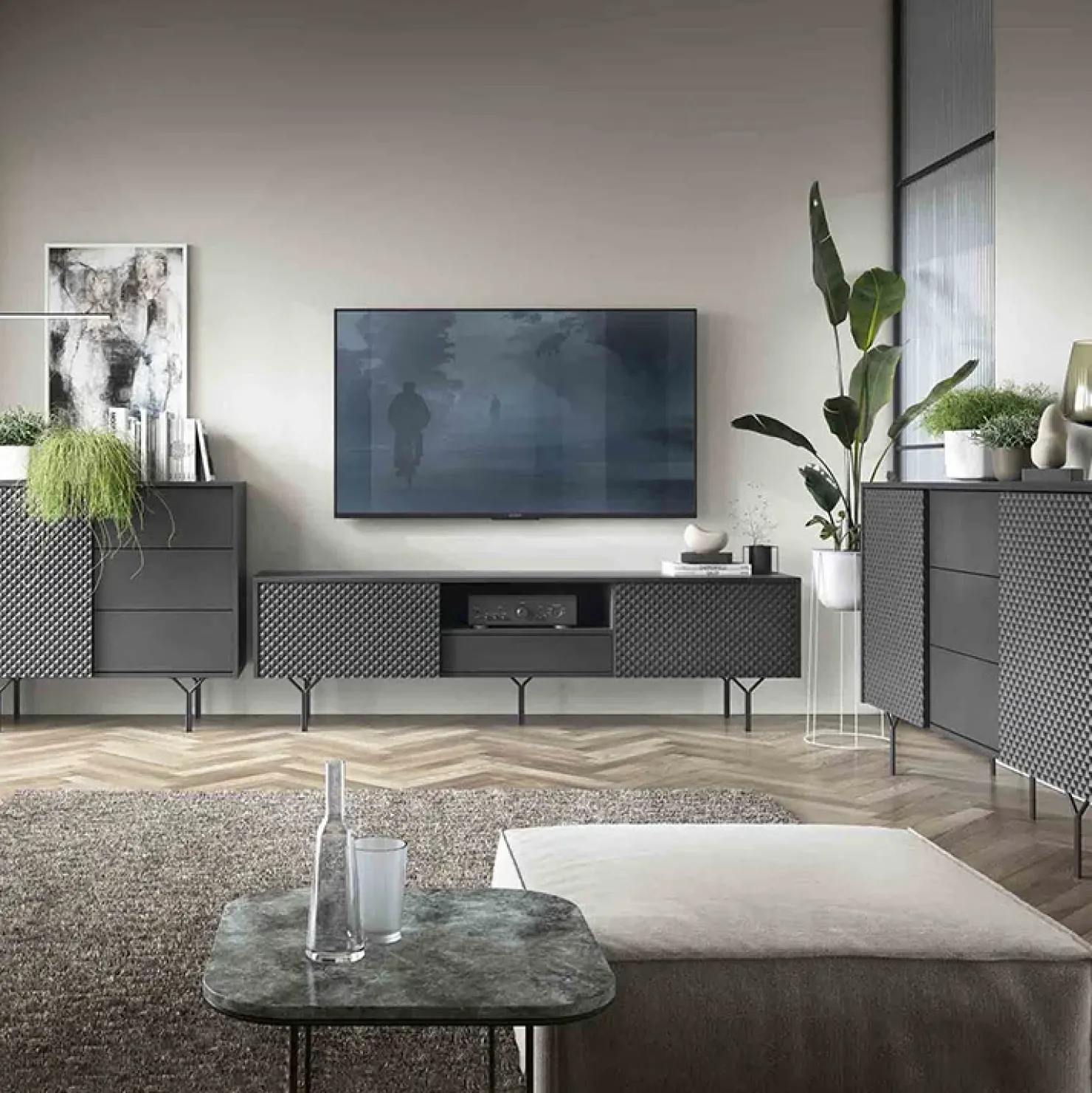 Garnero Arredamenti Mobile porta TV 180x51h cm moderno antracite frassinato nero Parigi New