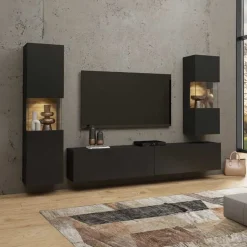 Garnero Arredamenti Mobile porta TV 180x35h cm moderno nero Fusion con 2 ribalte Nero Opaco