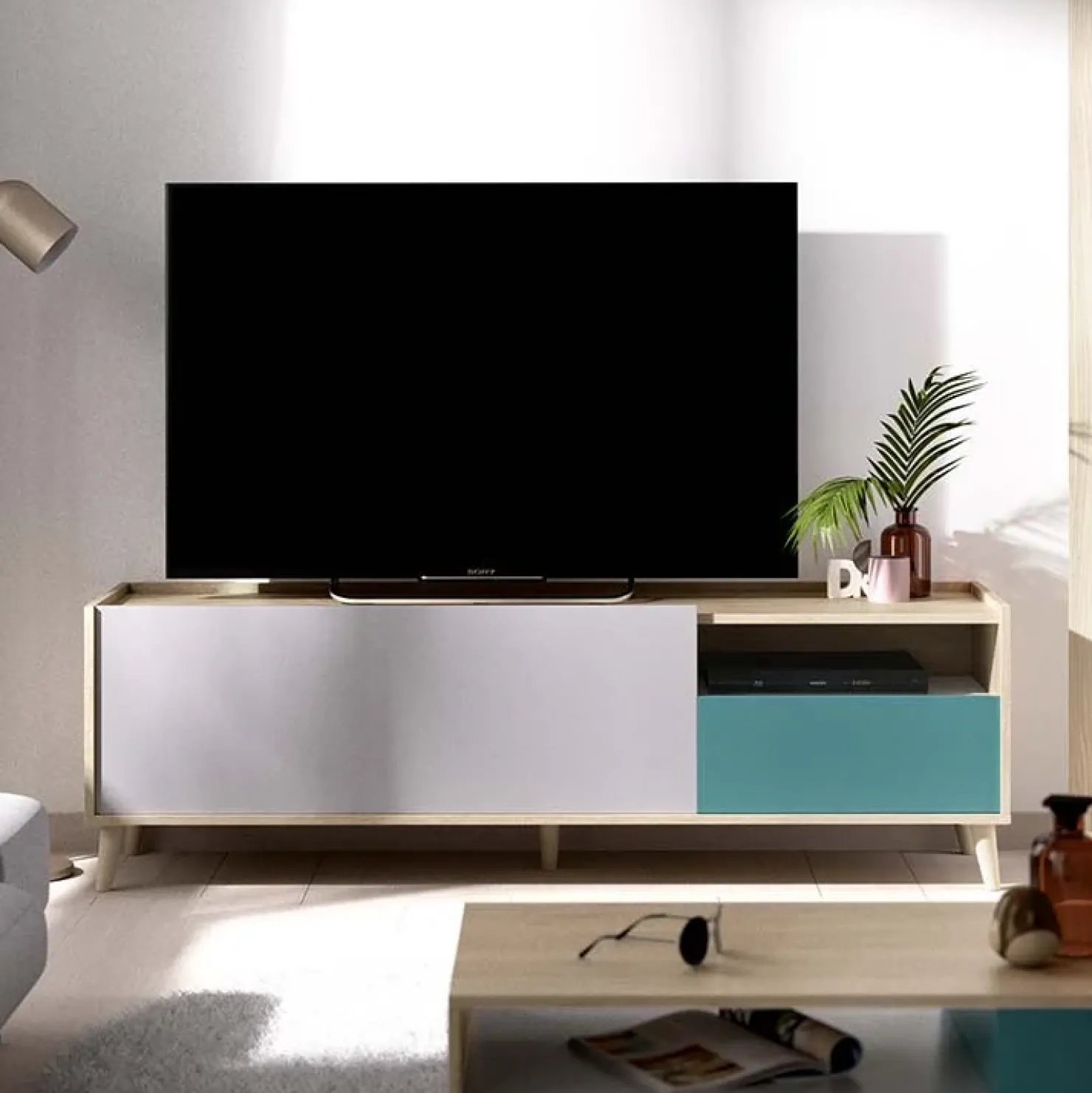 Garnero Arredamenti Mobile porta TV 155x47h cm moderno rovere grigio bianco petrolio Dominic Sale