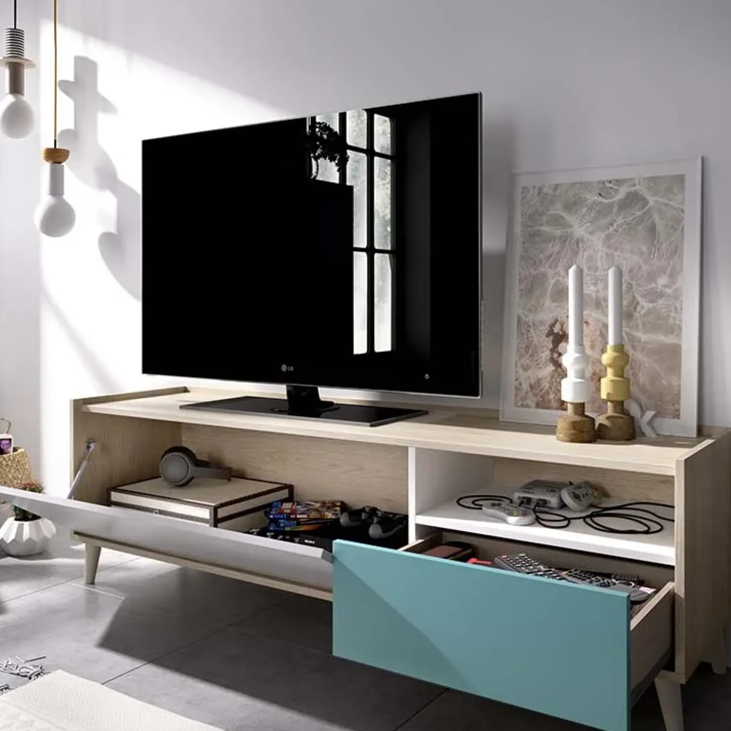Garnero Arredamenti Mobile porta TV 155x47h cm moderno rovere grigio bianco petrolio Dominic Sale