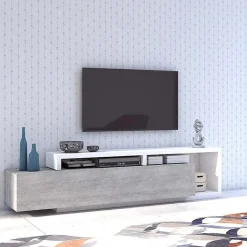 Garnero Arredamenti Mobile porta TV 219x52h cm moderno soggiorno bianco cemento Megan Gihome® Cemento - Bianco opaco Sale