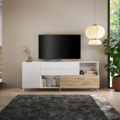 Garnero Arredamenti Mobile porta tv 241x94h cm moderna bianco lucido rovere chiaro Witty Rovere - Bianco Lucido Online
