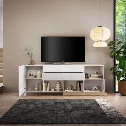 Garnero Arredamenti Mobile porta tv 241x94h cm moderna bianco lucido rovere chiaro Witty Rovere - Bianco Lucido Online