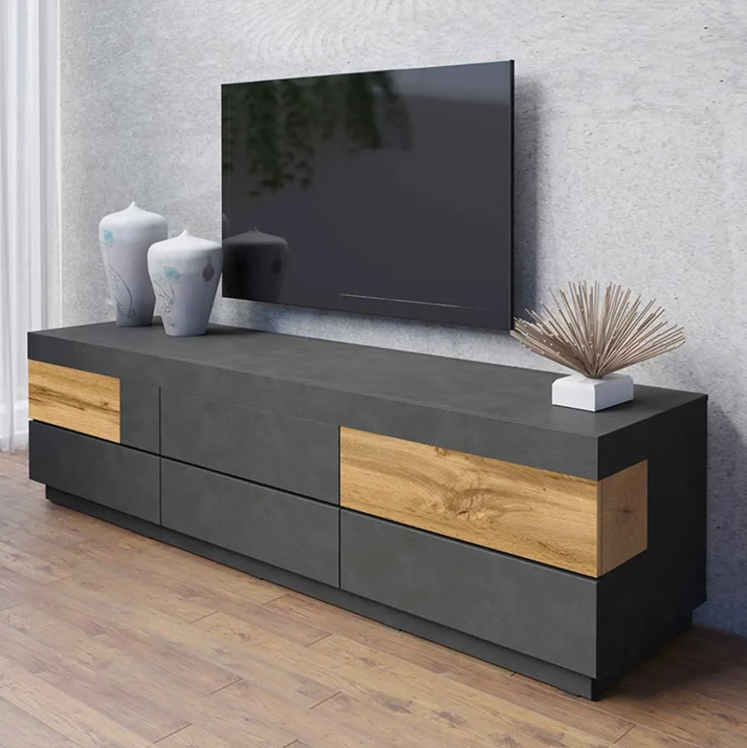 Garnero Arredamenti Mobile porta TV 206x54h cm moderno soggiorno antracite rovere Bahama Antracite - Rovere Rustico Discount