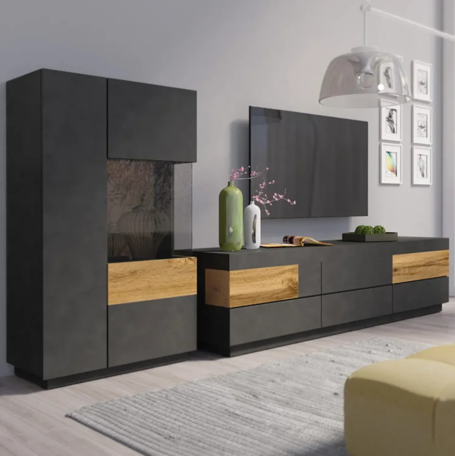 Garnero Arredamenti Mobile porta TV 206x54h cm moderno soggiorno antracite rovere Bahama Antracite - Rovere Rustico Discount