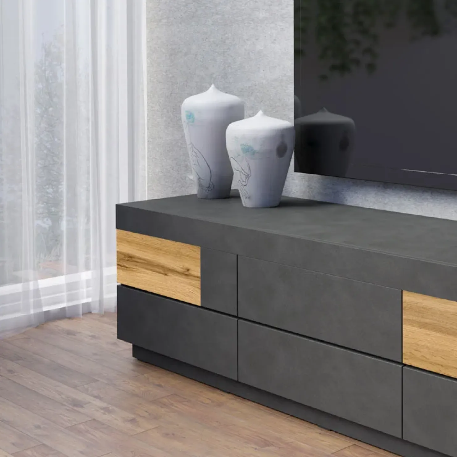 Garnero Arredamenti Mobile porta TV 206x54h cm moderno soggiorno antracite rovere Bahama Antracite - Rovere Rustico Discount