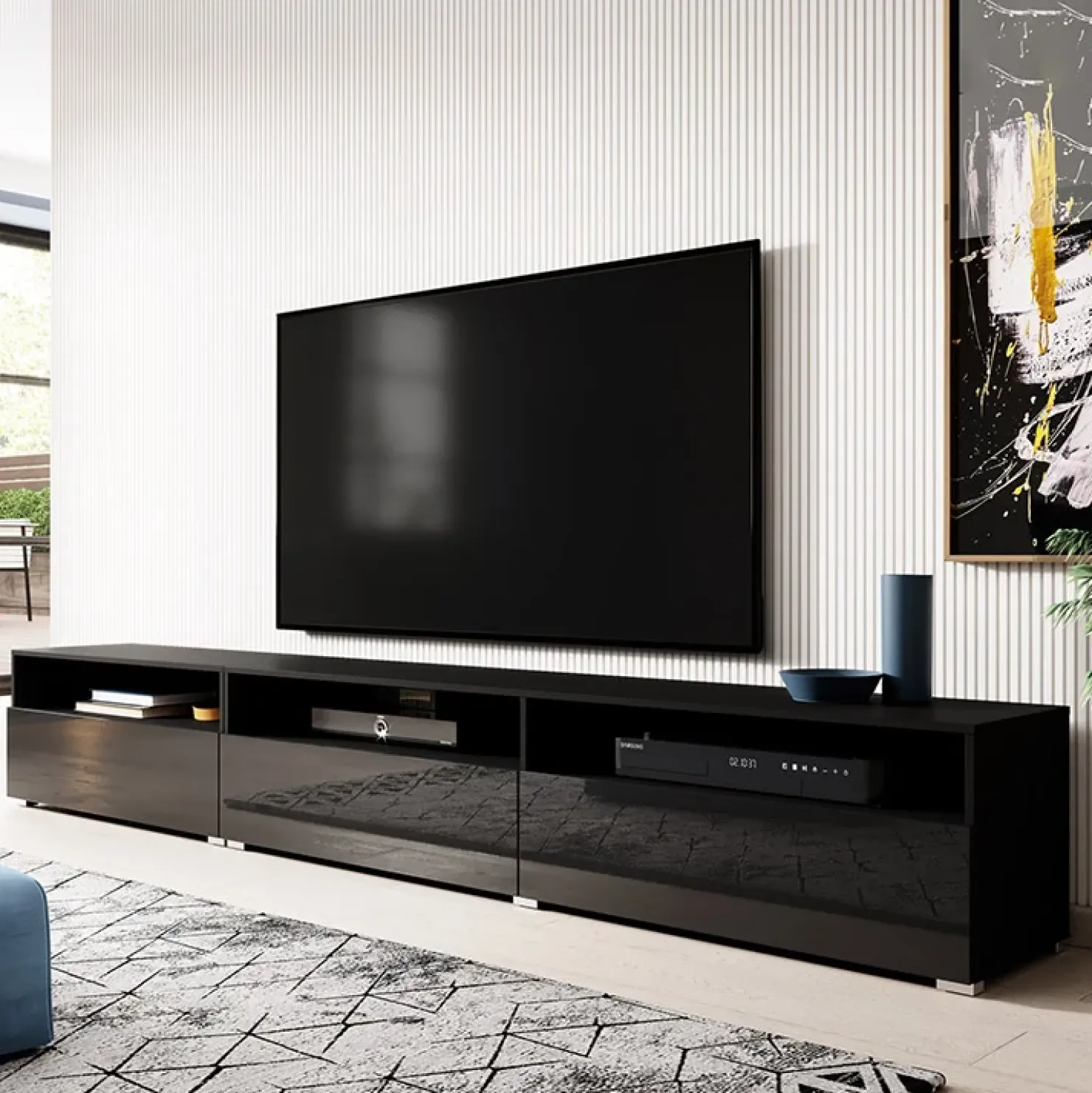 Garnero Arredamenti Mobile porta TV 270x42h cm moderno nero Emotion Gihome® Nero Lucido Clearance