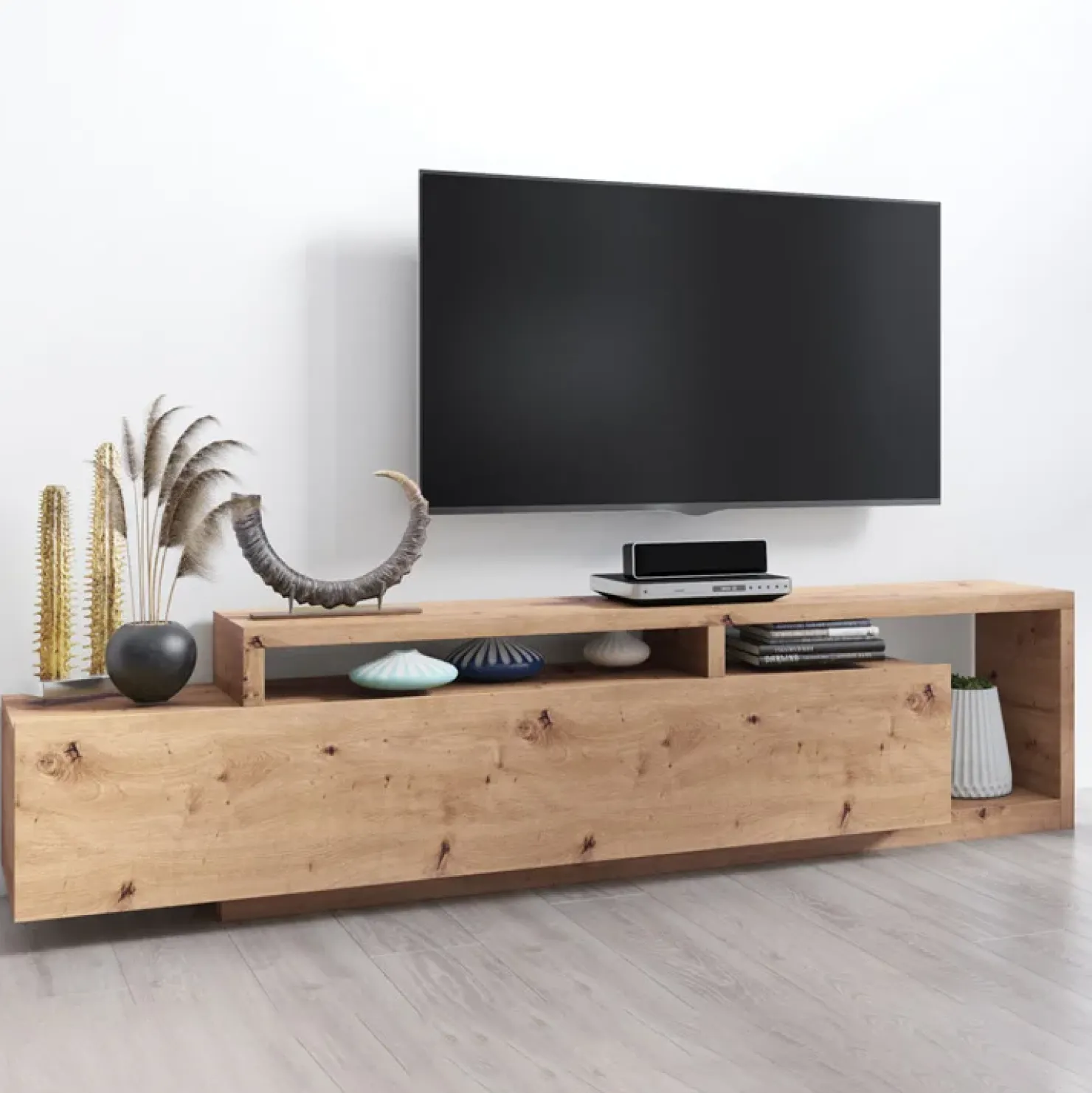 Garnero Arredamenti Mobile porta TV 219x52h cm moderno soggiorno nodoso Megan Gihome® Rovere Outlet