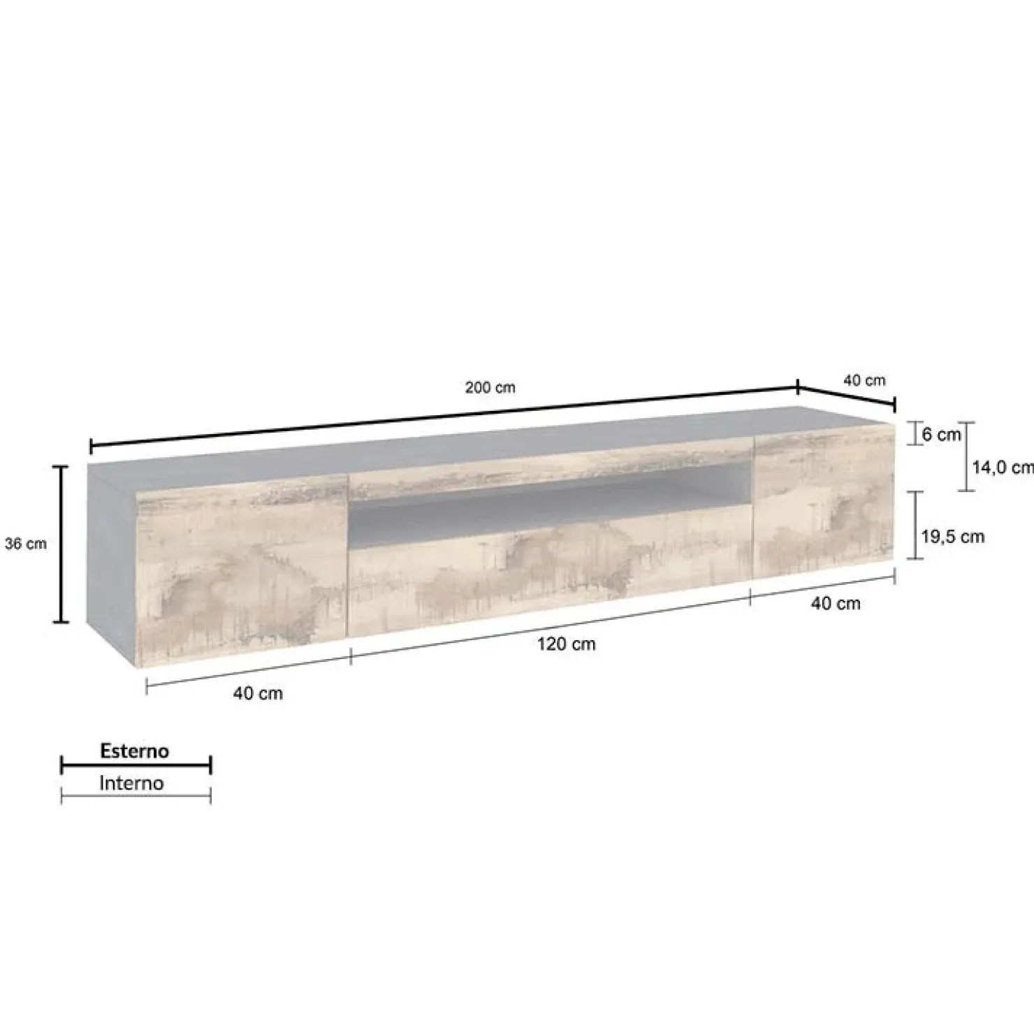 Garnero Arredamenti Mobile porta TV 200x37h cm pero antracite Light Big Gihome® Rovere Rustico - Antracite Sale