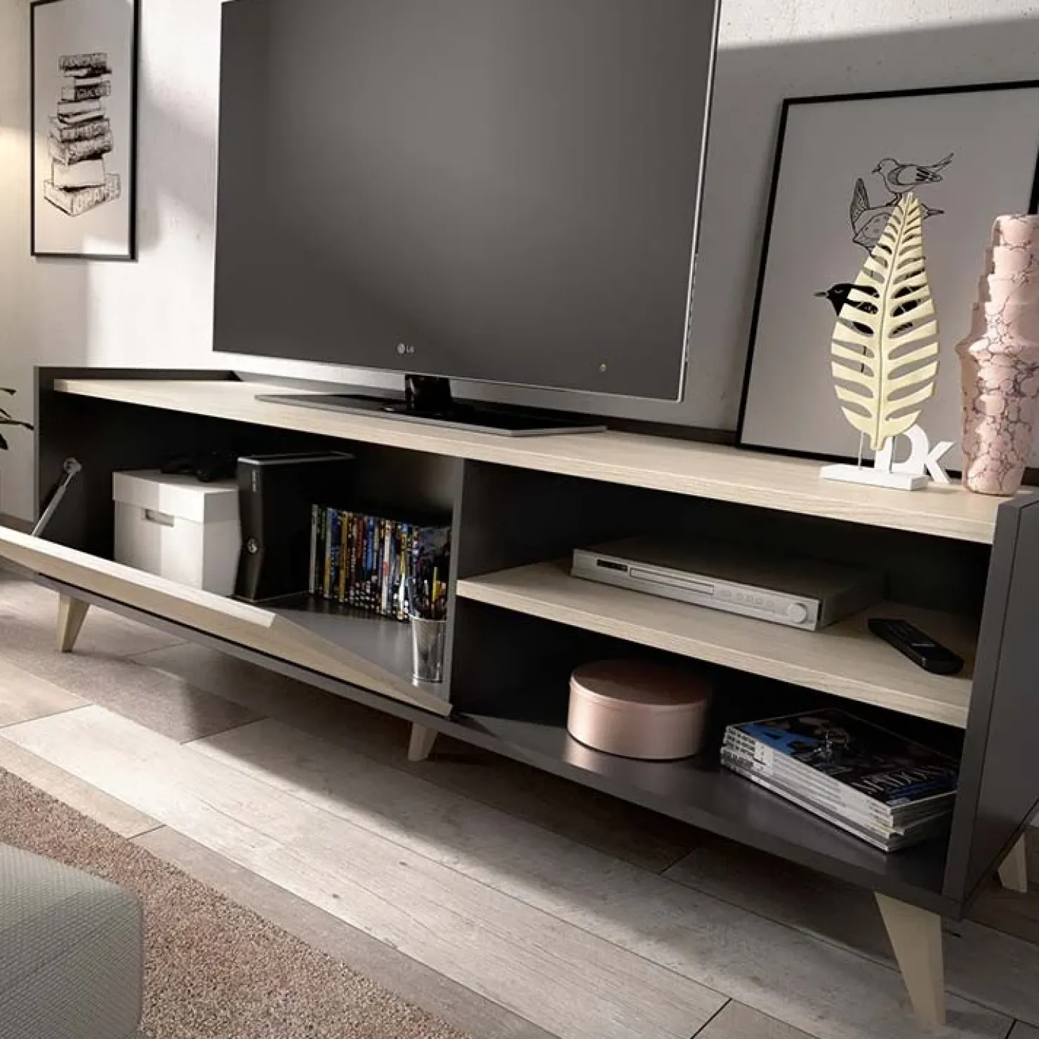 Garnero Arredamenti Mobile porta TV 155x47h cm soggiorno rovere grafite Elmer Rovere - Grafite Discount