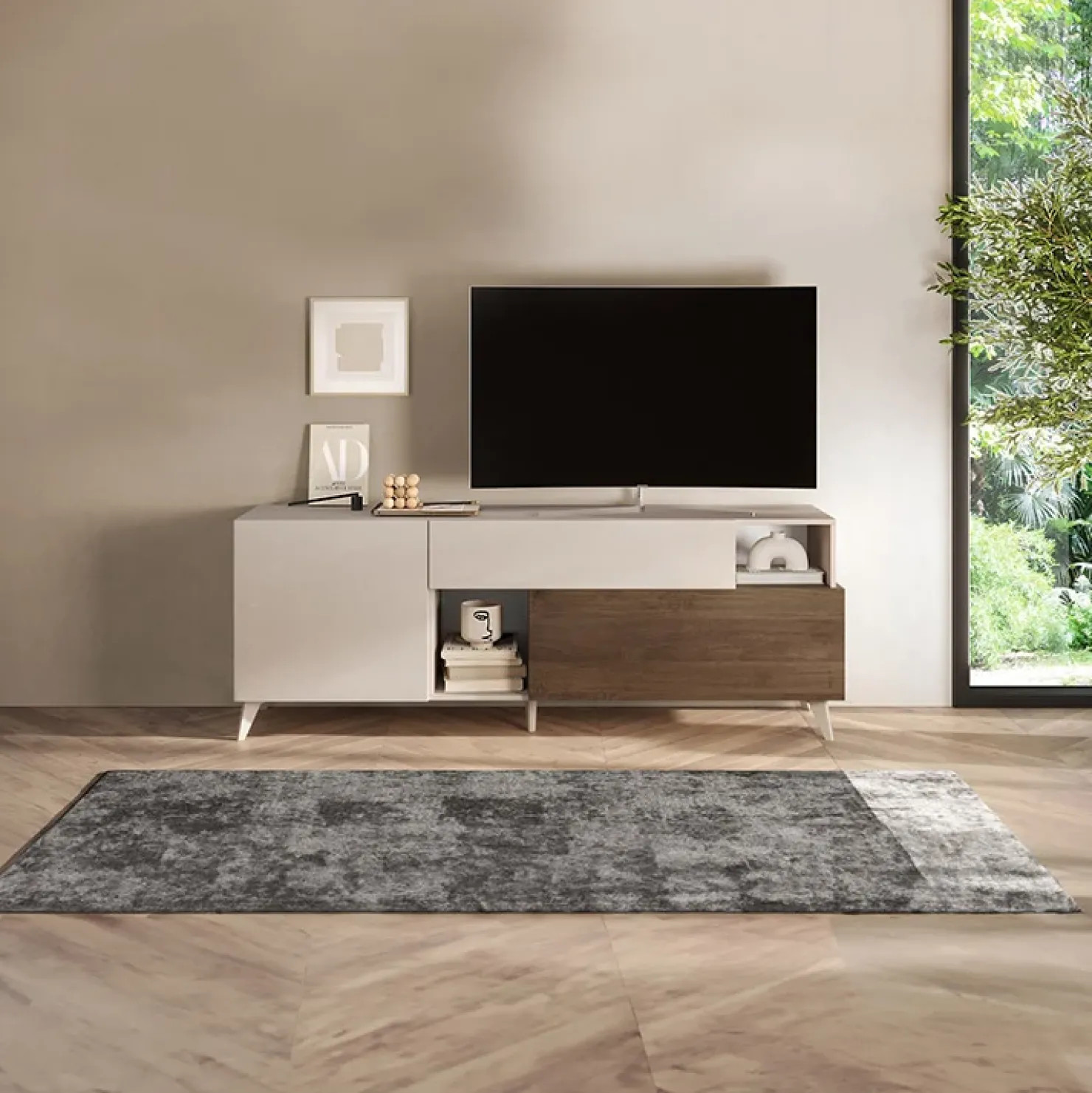 Garnero Arredamenti Mobile porta TV 181x67h cm soggiorno beige rovere scuro Witty Noce - Beige New