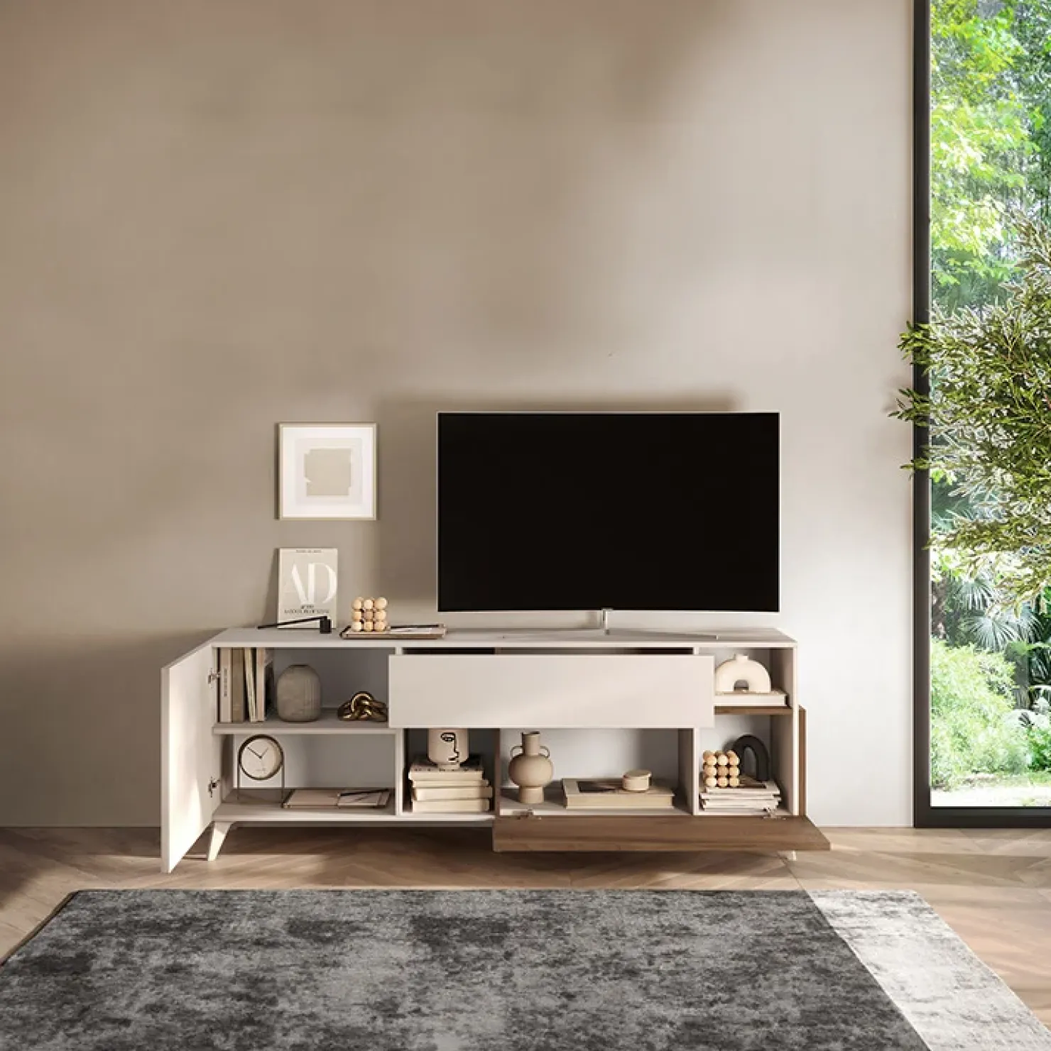 Garnero Arredamenti Mobile porta TV 181x67h cm soggiorno beige rovere scuro Witty Noce - Beige New